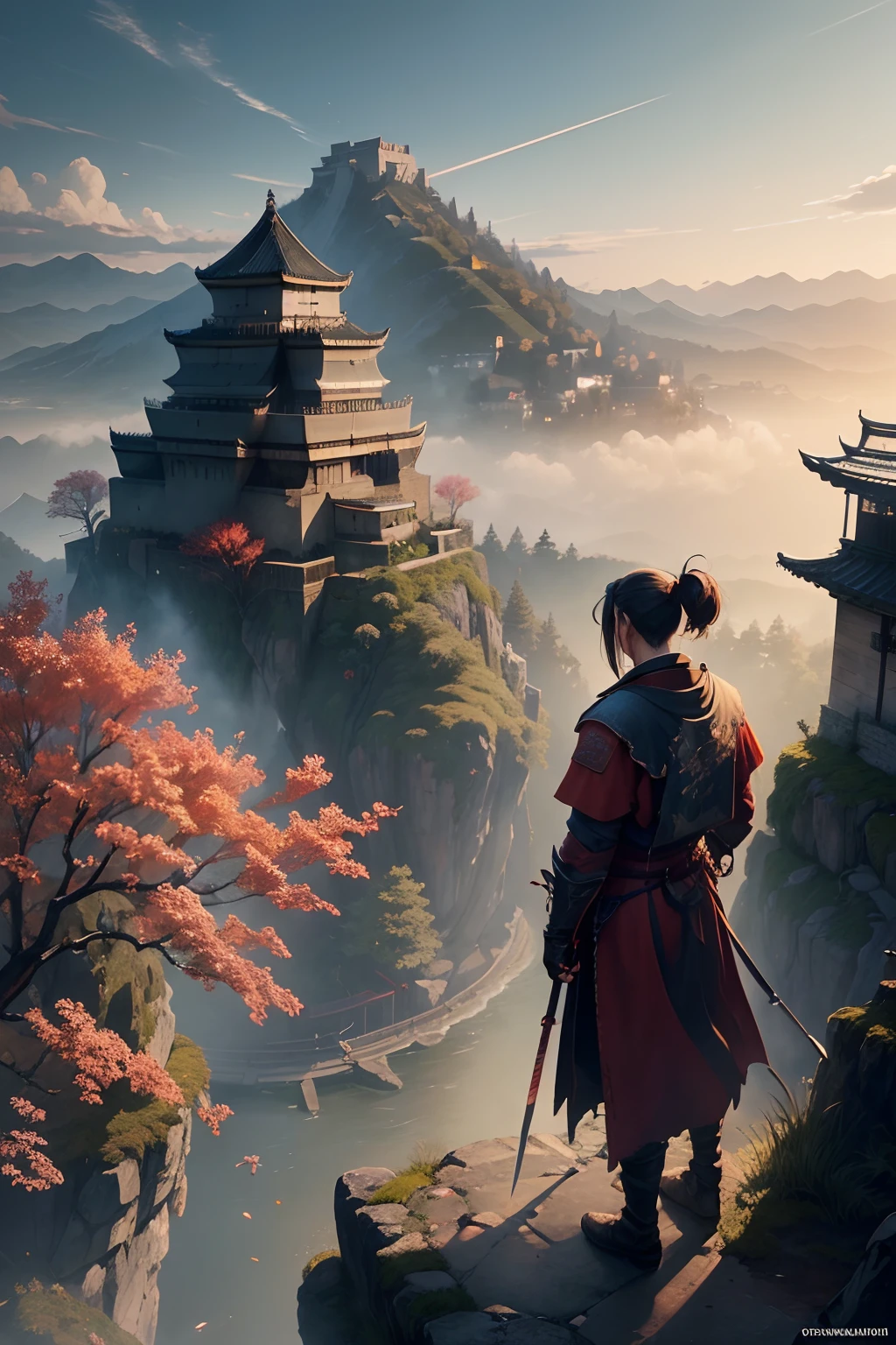 Masterpiece, best quality, (very detailed CG unit 8k wallpaper) (best quality), (best illustration), (best shadows) (male), sekiro on top of a cliff, looking at Ashina castle, feudal Japan, Ray tracing, sinister environment, ultra detailed, , impressionism style --v6