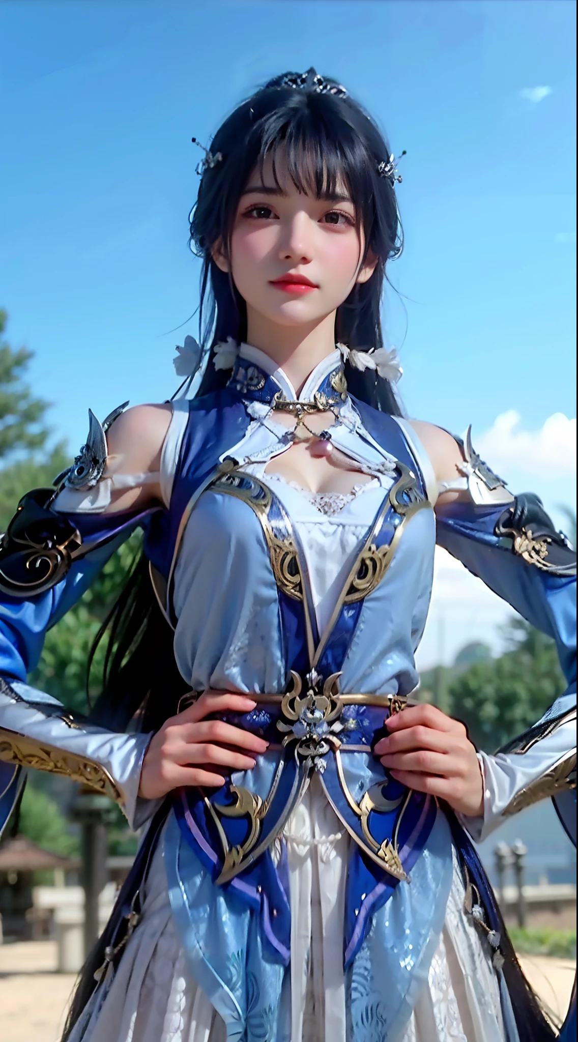 a close up of a woman in a dress holding a sword, full-body xianxia, inspired by Li Mei-shu, Inspired by Lan Ying, Inspired by Qiu Ying, Inspired by Li Tang, inspired by Ju Lian, a beautiful fantasy empress, lunar themed attire, queen of the sea mu yanling, Xianxia, inspired by Du Qiong,DEEP-V COLLAR,cleavage