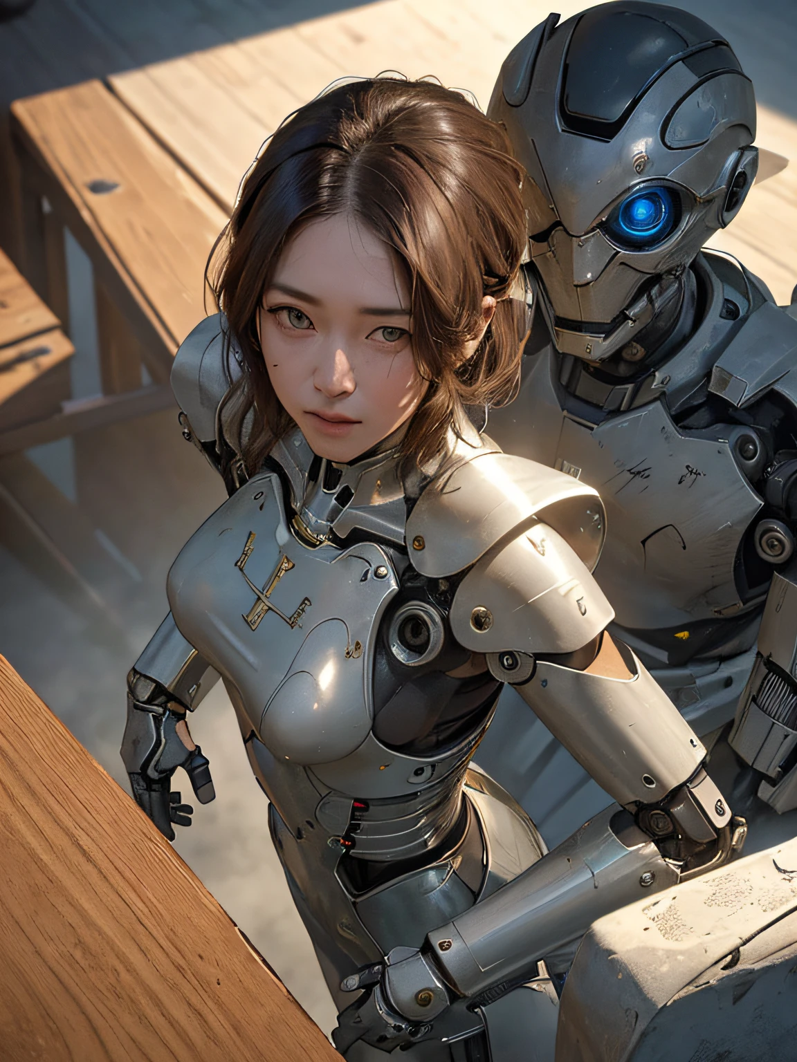 zhongfenghua, (RAW photo, best quality), (realistic, photo-realistic:1.3), extremely delicate and beautiful, Amazing, finely detail, masterpiece, ultra-detailed, highres,best illustration, best shadow,intricate,depth of field,(dramatic lighting:1.4),(from above:1.2),sharp focus, volumetric fog, 8k UHD, DSLR, high quality,(film grain:1.4), Fujifilm XT3,full body,A beautiful young woman wearing black trench coat, half human half robot face, ((1 robot,1 robot,Mechanical costalis,Mechanical spine))|Monotonous metallic color,Metal has no color, robot no color,robot girl,metallic mixture,cyborg girl)),looking at viewer, facing front, fighting stance
(Cable:1.2),(Transmission tube:1.2),(Machine eye:1.3),((Mechanical part connection)),((both arms)|(complex mechanical component:1.2~1.6)),((costalis)|(robot joints:1.2~1.6)), ,streamlinerai mecha,(lightsaber),earth,milky_way,starry,water,((armor)),water,wave