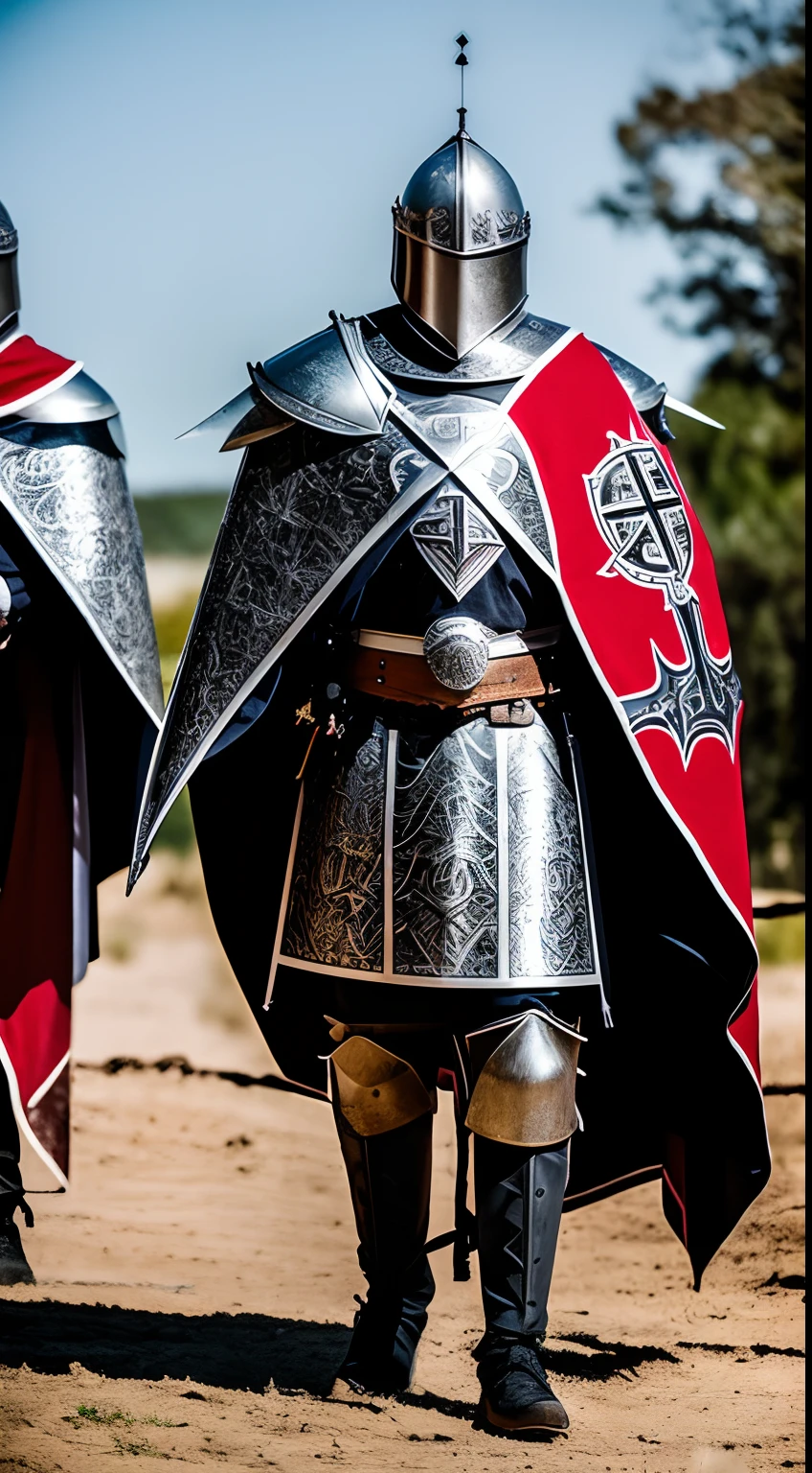 photograph of An artistic representation of the Knights Templar in their armor with the iconic Templar cross, displaying their commitment to martyrdom