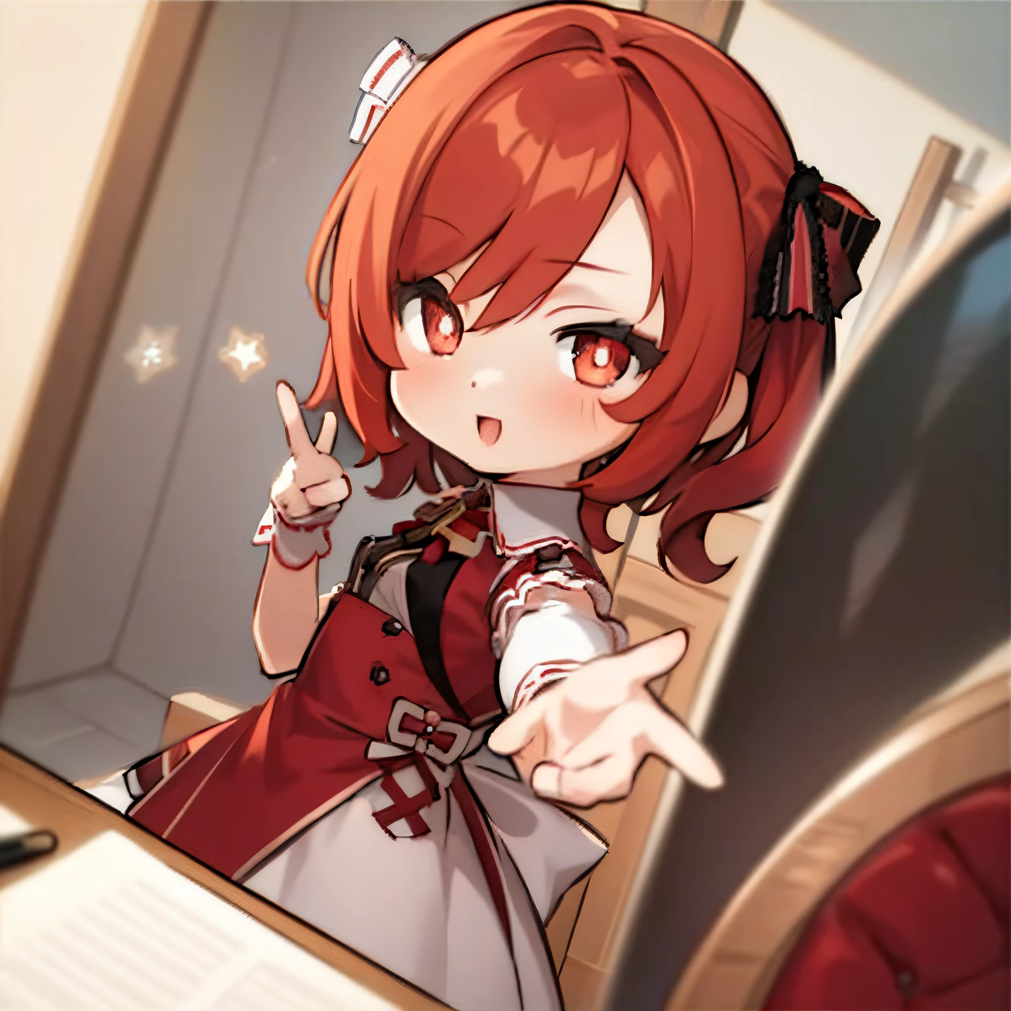 masterpiece, best quality, chibi, 1girl, solo, red hair , maid uniform, cross-shaped pupils, pointing