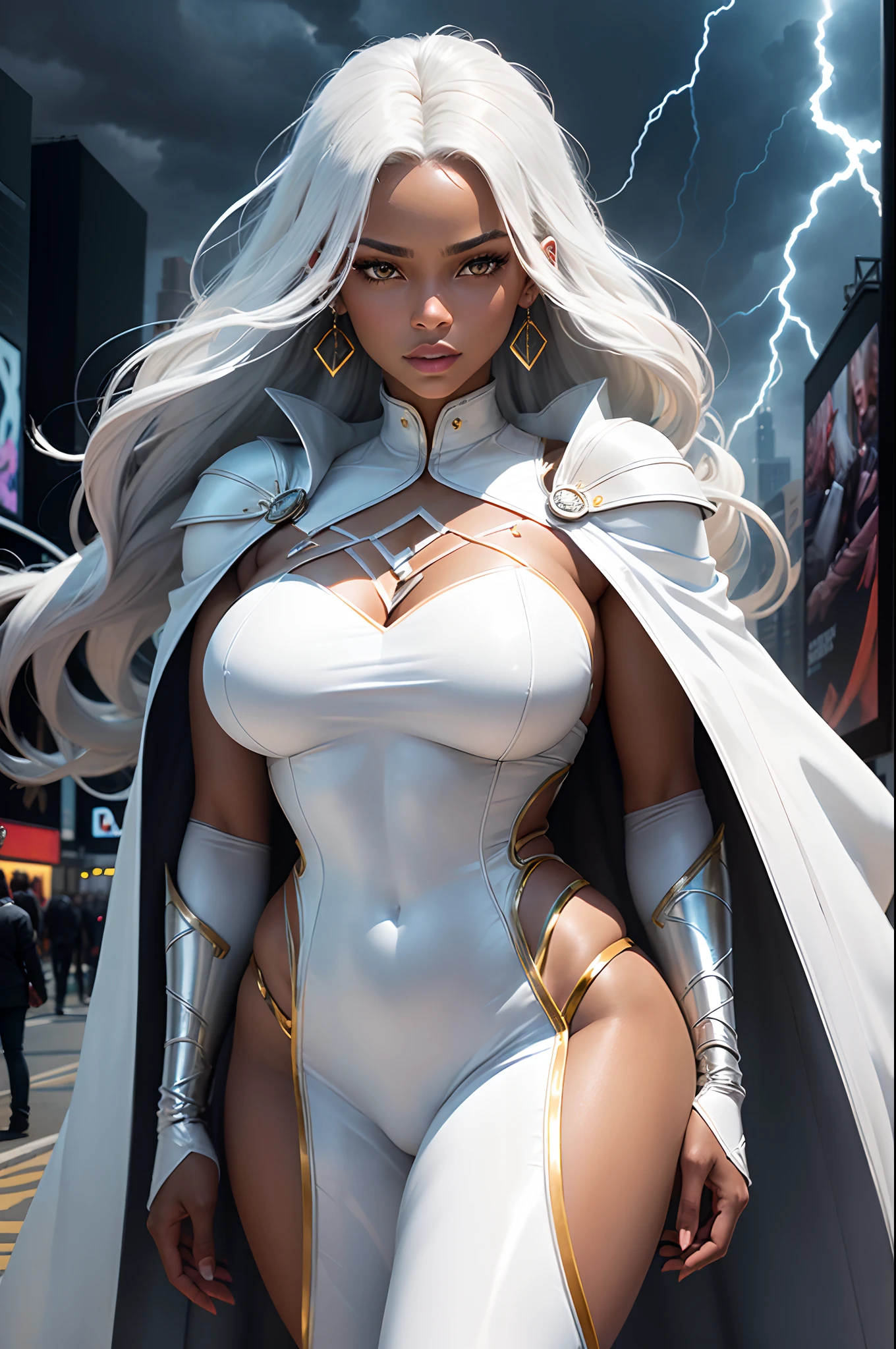 (Dark Skin: 1.6), (New York: 1.4), (Time Square: 1.3), (Day with Thunderstorm and Lightning: 1.5), Storm, also known as Ororo Munroe, is a Marvel character with a remarkable appearance. She is a dark-skinned woman with a beautiful face and perfect features, with bright white eyes and long silver hair that flows like a storm. Its height and size are impressive, conveying a majestic presence.
Her iconic costume consists of a white leather outfit that clings to her body, accentuating her curves, with gold details including a high collar and long gloves. She wears a cape that extends to her ankles, reminiscent of the clouds of a gathering storm. Storm also sports dangling earrings and a gold belt. Her clothing evokes a balance between elegance and power, reflecting her ability to control the natural elements, especially the weather.
(athletic body: 1.5), (white shiny leather clothing: 1.5), (average breasts: 1.3), (hanging breasts: 1.3), (full breasts: 1.3), (realism: 1.5), (Realisitc: 1.4) , (Absurdity:1.4), 8k, ultra-detailed, detailed beautiful woman, (only:1.4) , 1girl, (Viewer facing:1.2), (Day with storm and lightning: 1.5), Intricate body details, (Curvy :1.3),(short:1.3)