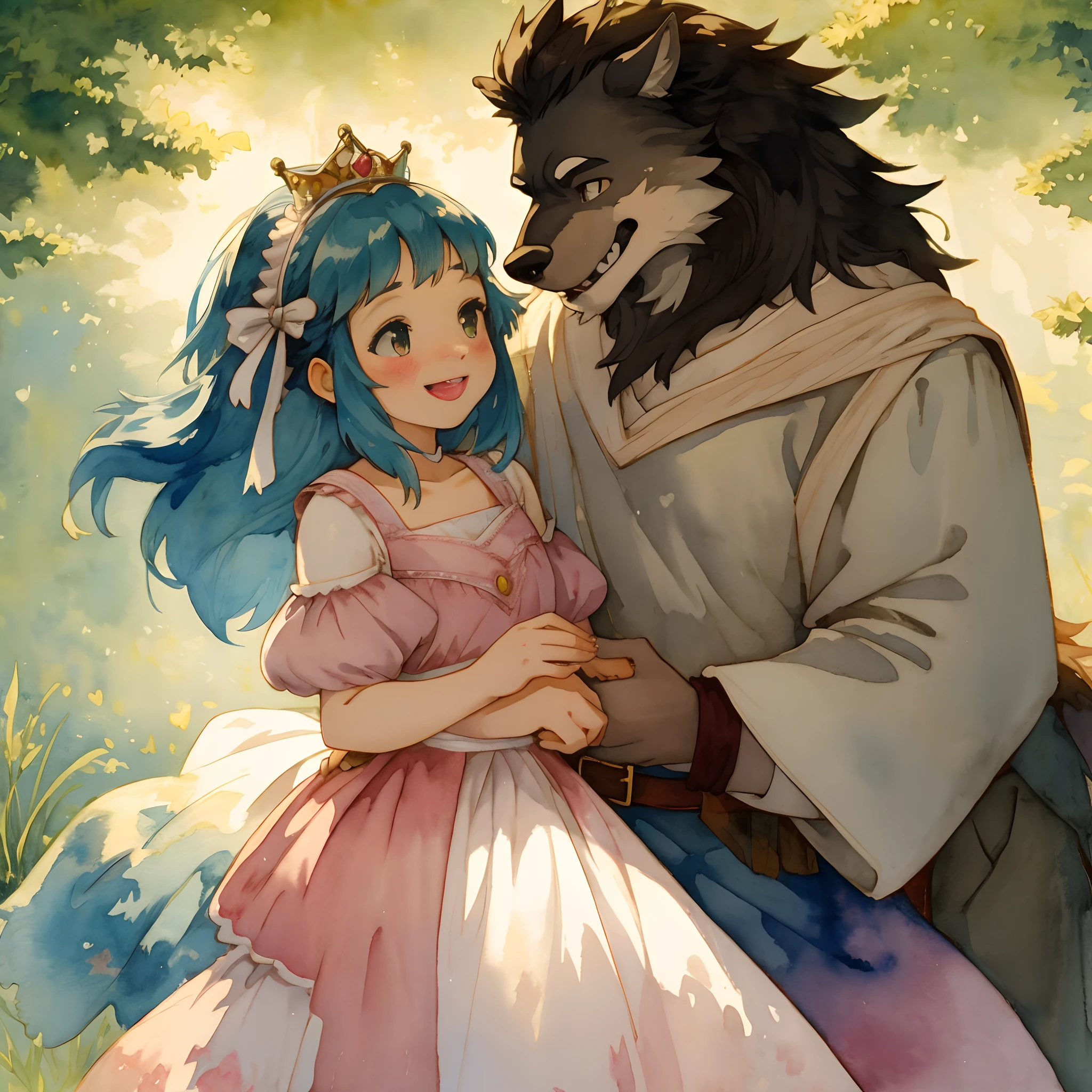 watercolor, soft color, Vintage images, highres, unparalleled masterpiece, absurdres, love story of human  girl and giant Werewolf, love romance, The princess and the prince, family photograph, pair, Height difference, Physical difference, perfect anatomy, smile, joyful, play with, smile, happy, watercolor,