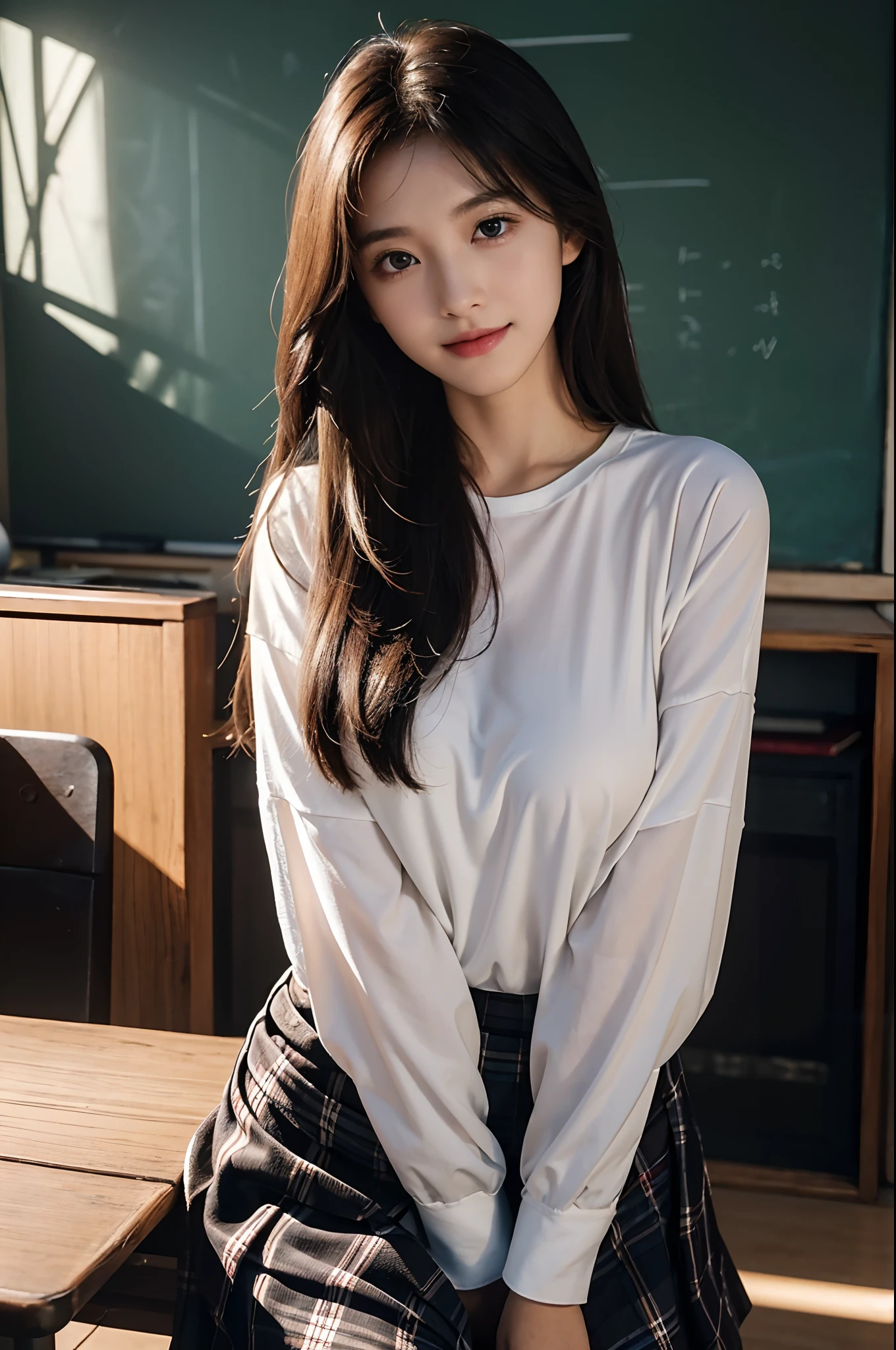 best qualtiy，tmasterpiece，超高分辨率，（真实感：1.4），RAW photogr，1girll，long whitr hair，Face Highlighting，Pure，Girly，Flushing，18yr old，18-year-old smiling female classmate，Pure，Innocent，（best qualtiy，8K，tmasterpiece:1.3），Goose egg face，largeeyes，long eyelasher，Exquisite（live-action realistic style），Star-like eyes，Ultimate face，Photorealistic light and shadow，Clear facial features，Milky white skin，Fair skin， highdetailskin， Realistic skin details， Visible Pore，（Super detail），（perfect bodies：1.1），long whitr hair，（dynamicposes），((Dynamic background((volumettic light：1.3))，‎Classroom，Plaid skirts，huge tit，White color blouse，Open your clothes，black undersuit，There was a stack of books on the table，The blackboard is full of mathematical formula