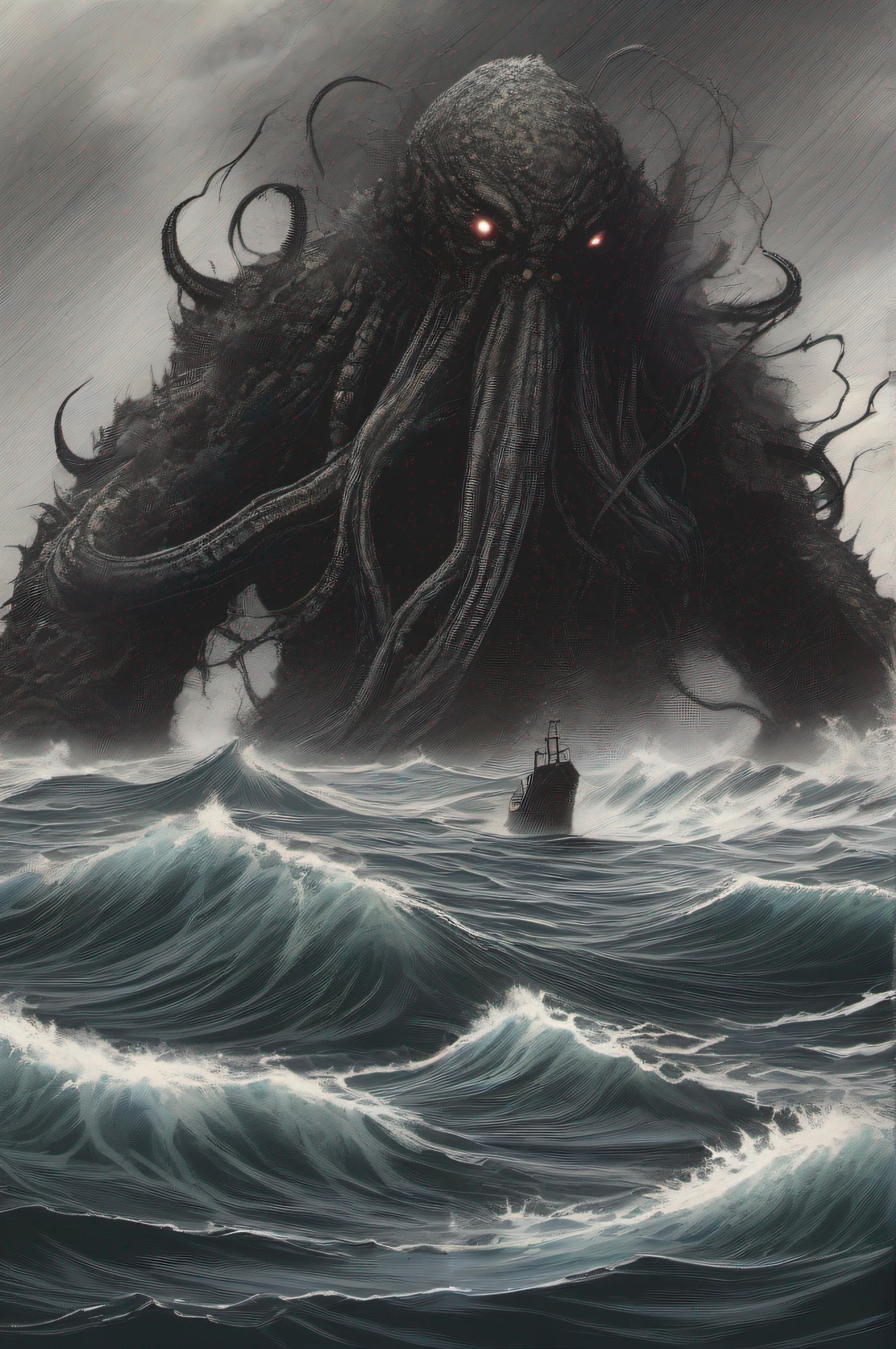 A giant black tidal wave with tentacle, many mouths, and many different eyes of all shapes and sizes, engulfs an entire city.
