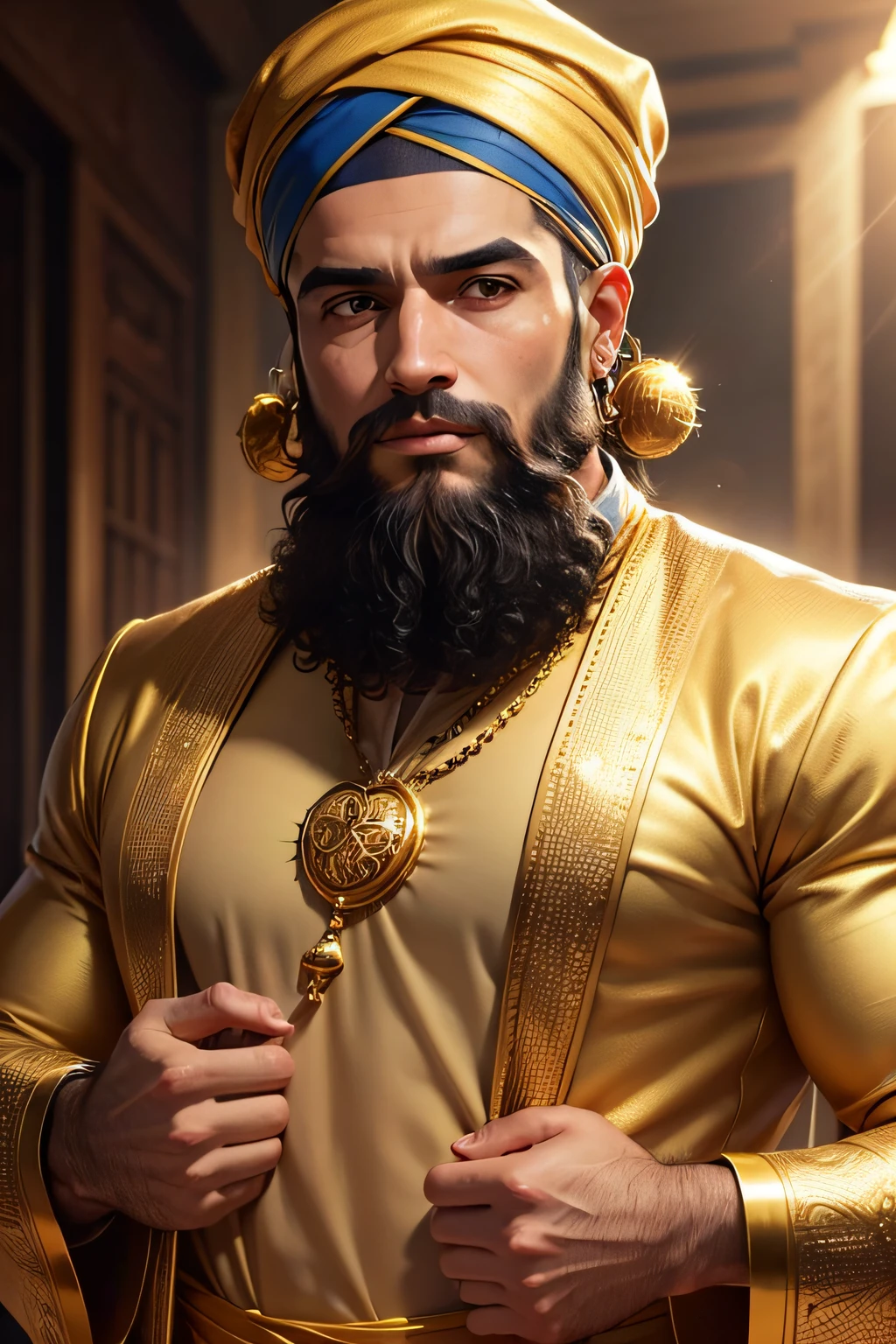mestre com turbante dourado, with small beard with one hand on the heart and all golden clothing, idade 35 anos