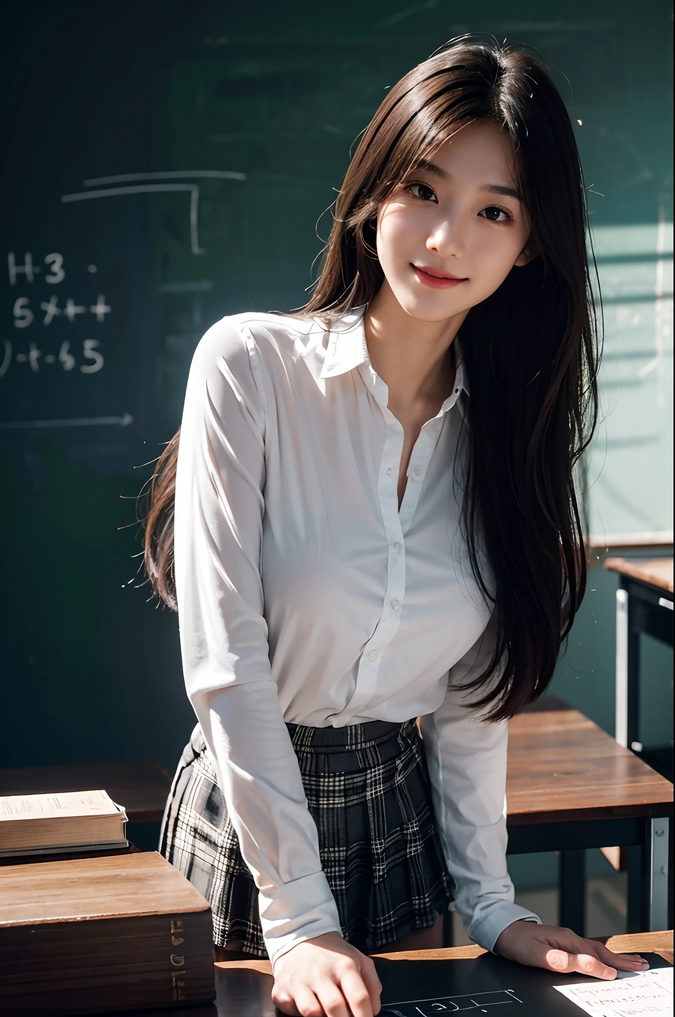 best qualtiy，tmasterpiece，超高分辨率，（真实感：1.4），RAW photogr，1girll，long whitr hair，Face Highlighting，Pure，Girly，Flushing，18yr old，18-year-old smiling female classmate，Pure，Innocent，（best qualtiy，8K，tmasterpiece:1.3），Goose egg face，largeeyes，long eyelasher，Exquisite（live-action realistic style），Star-like eyes，Ultimate face，Photorealistic light and shadow，Clear facial features，Milky white skin，Fair skin， highdetailskin， Realistic skin details， Visible Pore，（Super detail），（perfect bodies：1.1），long whitr hair，（dynamicposes），((Dynamic background((volumettic light：1.3))，‎Classroom，Plaid skirts，huge tit，White color blouse，Open your clothes，black undersuit，There was a stack of books on the table，The blackboard is full of mathematical formula