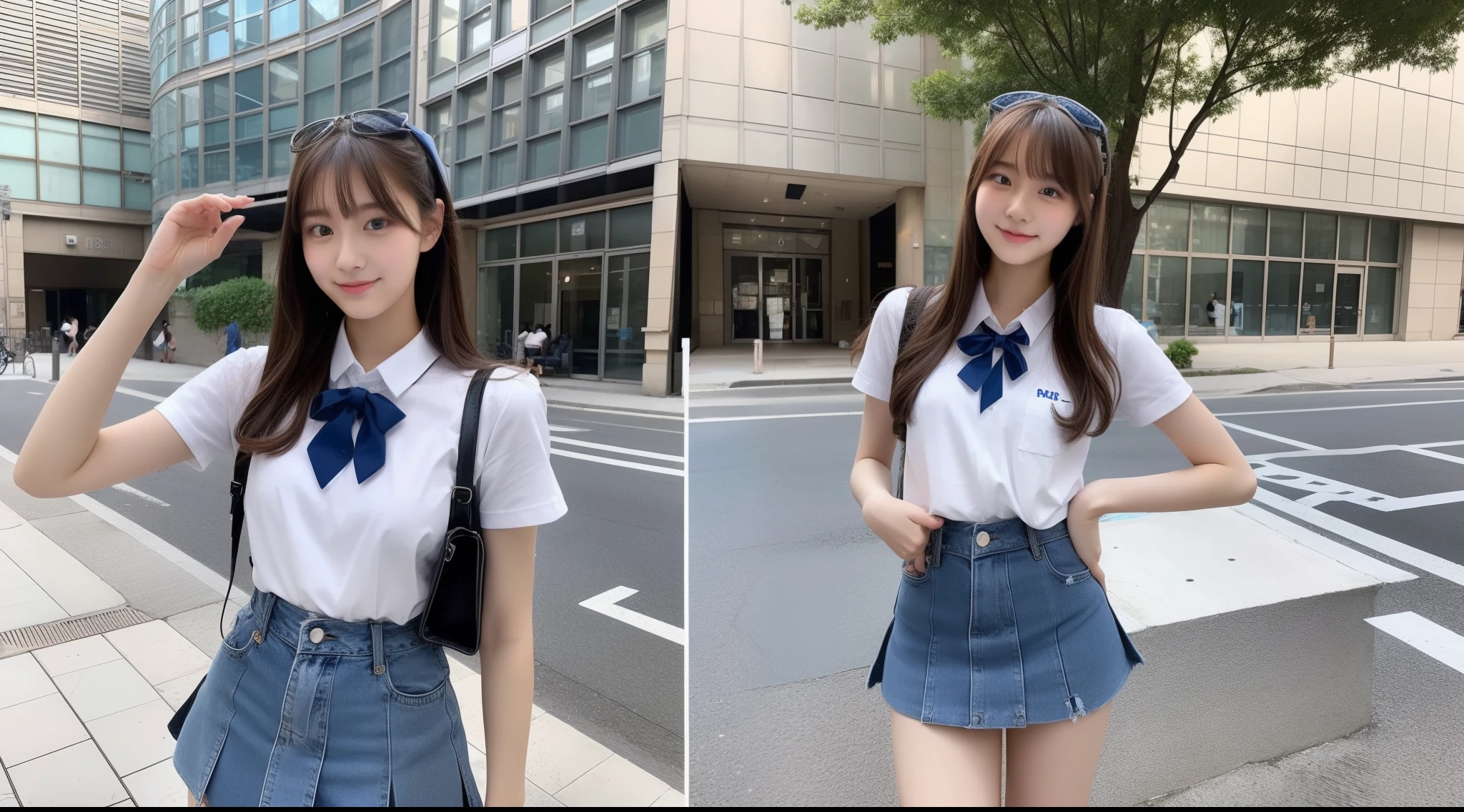 18-year-old high school girl wearing blue miniskirt and white shirt(Turn around)
