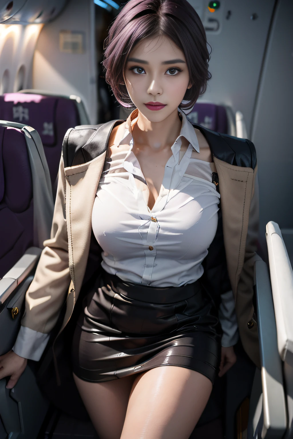 (Best quality: 1.1), (Realistic: 1.1), (Photography: 1.1), (highly details: 1.1), (1womanl), Airline flight attendants,Coat,White shirt,Short skirt,black lence stockings,bent down,In the plane,KafkaHKS,Hong Kong,Purple eyes, Gorgeous Hair in Long Purple, eyewear on head, sunglasses,