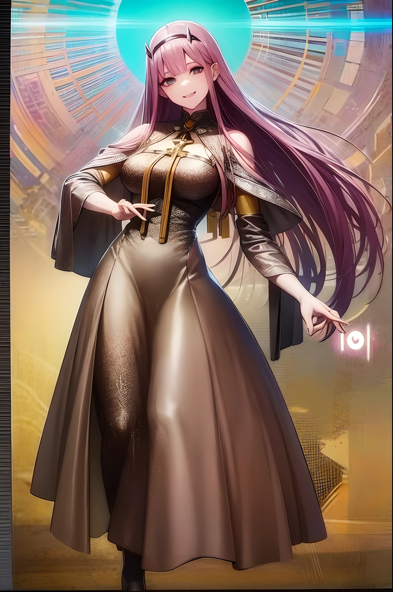 zero two, dress, sun halo, holy, smile,,, medium breast, priestess, full body, walking, divine aura, sun halo, solar halo, long skirt
