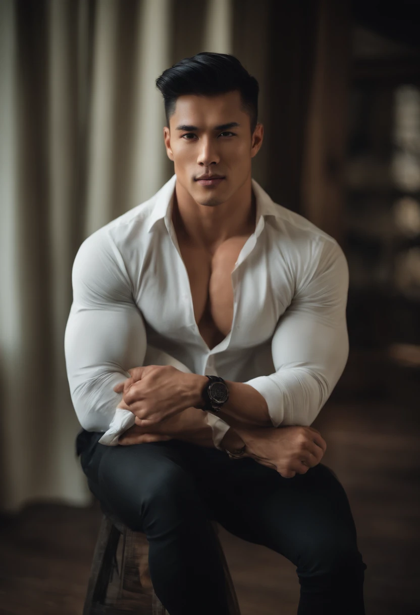 Man in shirt posing for photo, Ripped,Bigchest, lean and muscular, well-muscled, lean but muscular, beautiful handsome body, very muscular, muscular bodies, Open V chest clothes, Muscular men, sexy muscular body, musculature, Attractive body, well-muscled, muscular build,Gentle face,asian human,25-years old