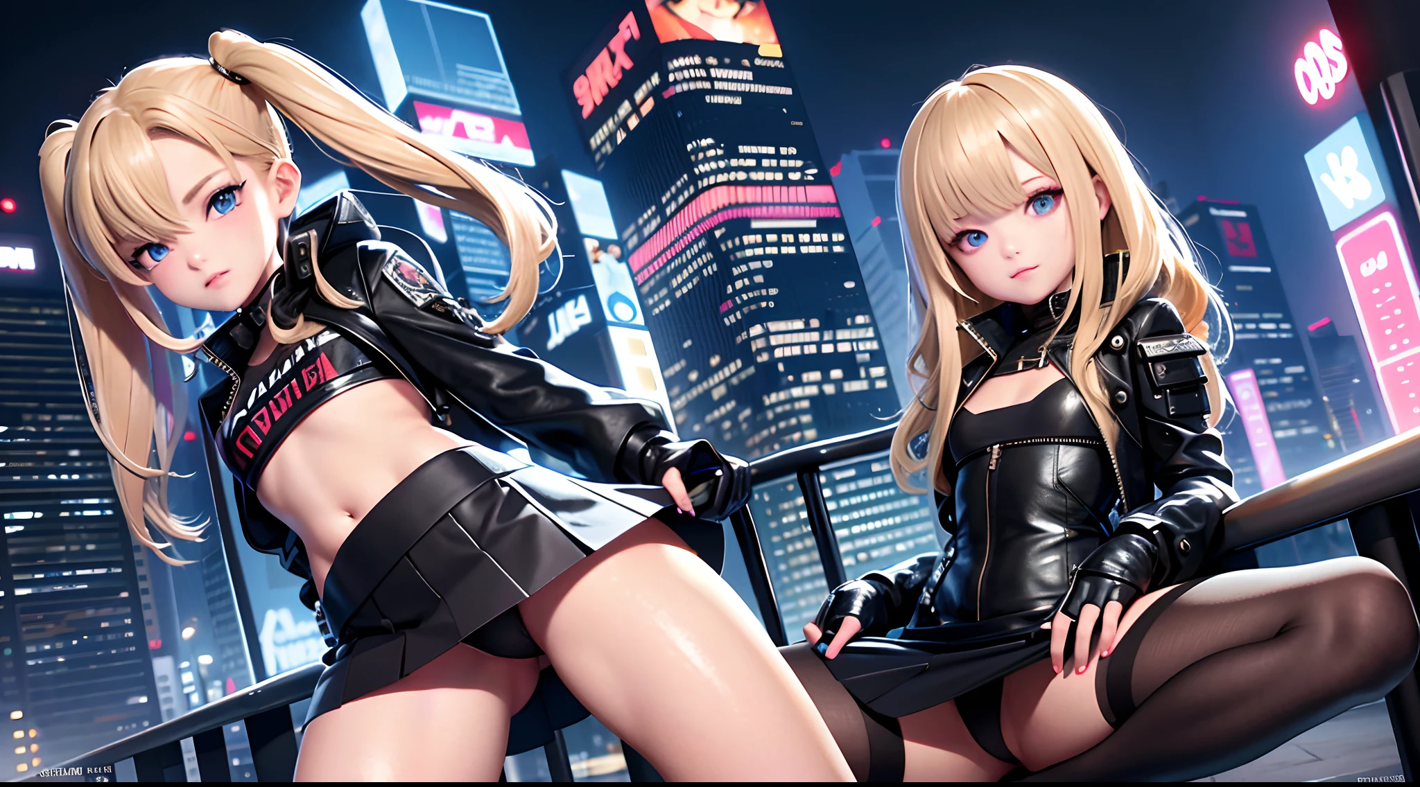 optimum,tmasterpiece,A high resolution,best qualtiy,hyper HD,super detailing,16k,natomy correct,Beautiful young cyberpunk girl,cute face,airline,((Scarlet eyes)),long eyelasher,Hanging eye corners,White skin of the,(small boobs),(Slim body),cyberpunk style,((short skirt)),skimpy revealing clothes, young blonde, night city, little prostitute, dominant , blonde