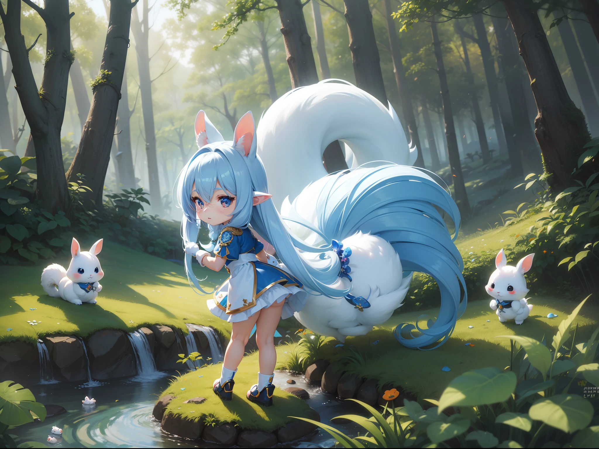 There are small white rabbits with carrots and long ears,  White long ears、I'm with a girl with long blue hair and a chibi character。It is a cute white and blue costume。Dark eyes。cute forest creature, Cute mushrooms also grow、Adorable Digital Painting, cute detailed digital art, the squirrel king, Cute digital art, cute cartoon characters, cute character, CuteCreatures, Cutie, official illustrations, Official art, squirrel, maplestory mouse, astri lohne,  cute 3d render
