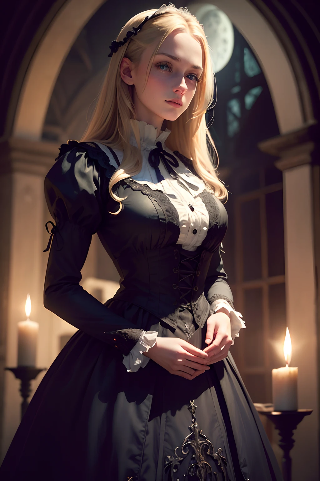 (best quality,4k,8k,highres,masterpiece:1.2),ultra-detailed,(realistic,photorealistic,photo-realistic:1.37),Virginia Otis, 15 years old (blond hair, blue eyes),thin,cute face,beautiful detailed eyes,beautiful detailed lips,extremely detailed eyes and face,long eyelashes,Victorian dark fantasy,walks at night in Canterville Castle,aged 1887,in a garden,moonlit scenery,whispering trees,dark shadows,haunting atmosphere,mysterious,gloomy,gothic vibes,antique architecture,eerie mood,dusty rooms,vintage furniture,dramatic lighting,cobblestone paths,engraved wooden doors,crimson velvet curtains,ornate chandeliers,old oil paintings,creaking floorboards,moonlight streaming through stained glass windows,secret passages,flickering candlelight,silence only broken by faint whispers,impression of ghostly presence,feeling of being watched,spine-tingling sensation,hidden secrets of the castle,spiritual realm,paranormal activities,unsettling atmosphere,haunted story.