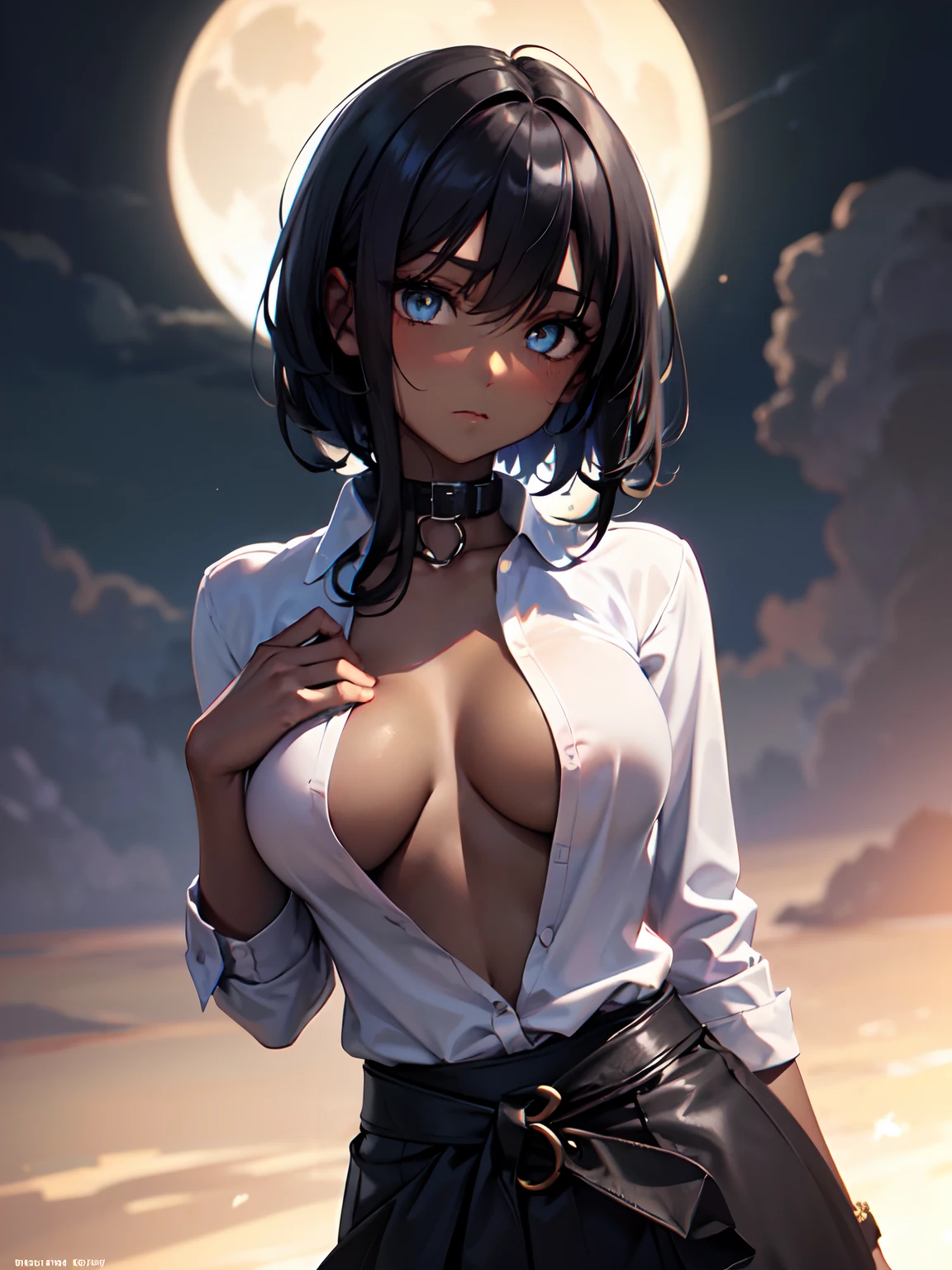 1 girl, (dark skin:1.2), shy, cute, cold expression, (8k, RAW photo, best quality, masterpiece:1.2) ultra-detailed, Super detailed, vivid colors, studio lighting, portrait, (black coloured eyes:1.1), Night clouds background, Aesthetic, romantic, Luna, wearing goth collar, black hair, unbuttoned shirt revealing her chest, head to waist