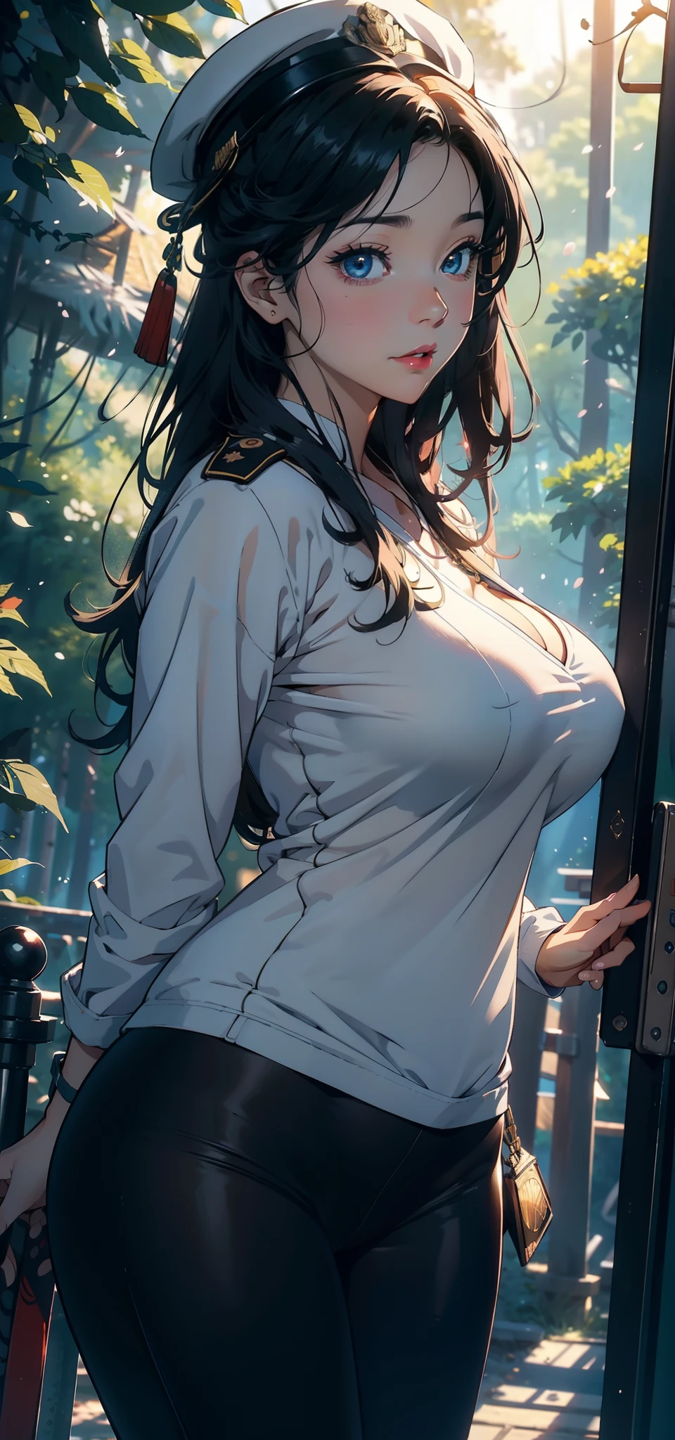 1female,35yo,A MILF,plumw,extremely large bosom, 独奏,(Background with:Cherry blossom forest,ln the forest)Deep in the forest, She has very short black hair,bobo head,Station,,seen from the front, hair straight, mostly cloudy sky,(((tmasterpiece),(Very detailed CG unity 8K wallpaper),best qualtiy,cinmatic lighting,detailed back ground,beatiful detailed eyes,Bright pupils,Blue eyes,(Very fine and beautiful),(Beautiful and detailed eye description),ultra - detailed,tmasterpiece,))Redlip,facing at camera,A high resolution,ultra - detailed),Camel toes,Flushed complexion,Desire for dissatisfaction,frontage,SakuraNS,Aviator,Snowflakes adorn officer's caps,(Wearing:Green officer uniform,Bare genitalia,Bare breasts,black colored leggings)
