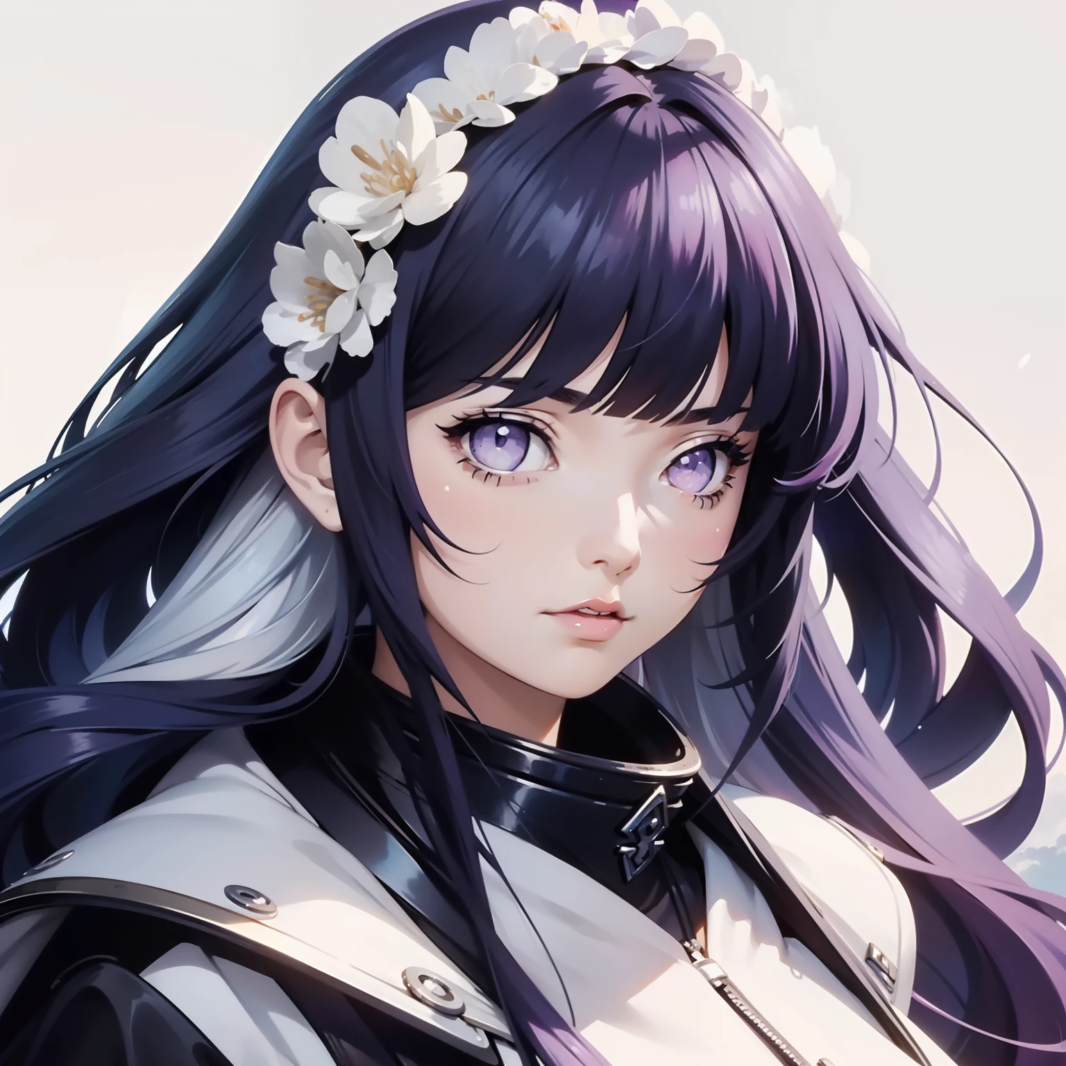 Beautiful fluffy clouds with overlapping head and face for girls，Stylized abstract portrait close-up of beautiful girl，Clouds blend into the hair，Cloud wraps girl，White background，Surrealist art fantasy style，Epic digital fantasy art style，ModelShoot style,Blunt Bangs, purple eyes