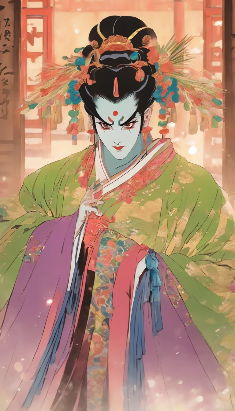 China ink painting，water ink，ink，Smudge，China-style，Chinese drama，Peking Opera costumes，Purple theatrical costume，Drama Facebook，green face，中景 the scene is，super-fine，ultra - detailed，high qulity，8K ，Sharply focus the eyes，中景 the scene is，Full body like，oc rendered