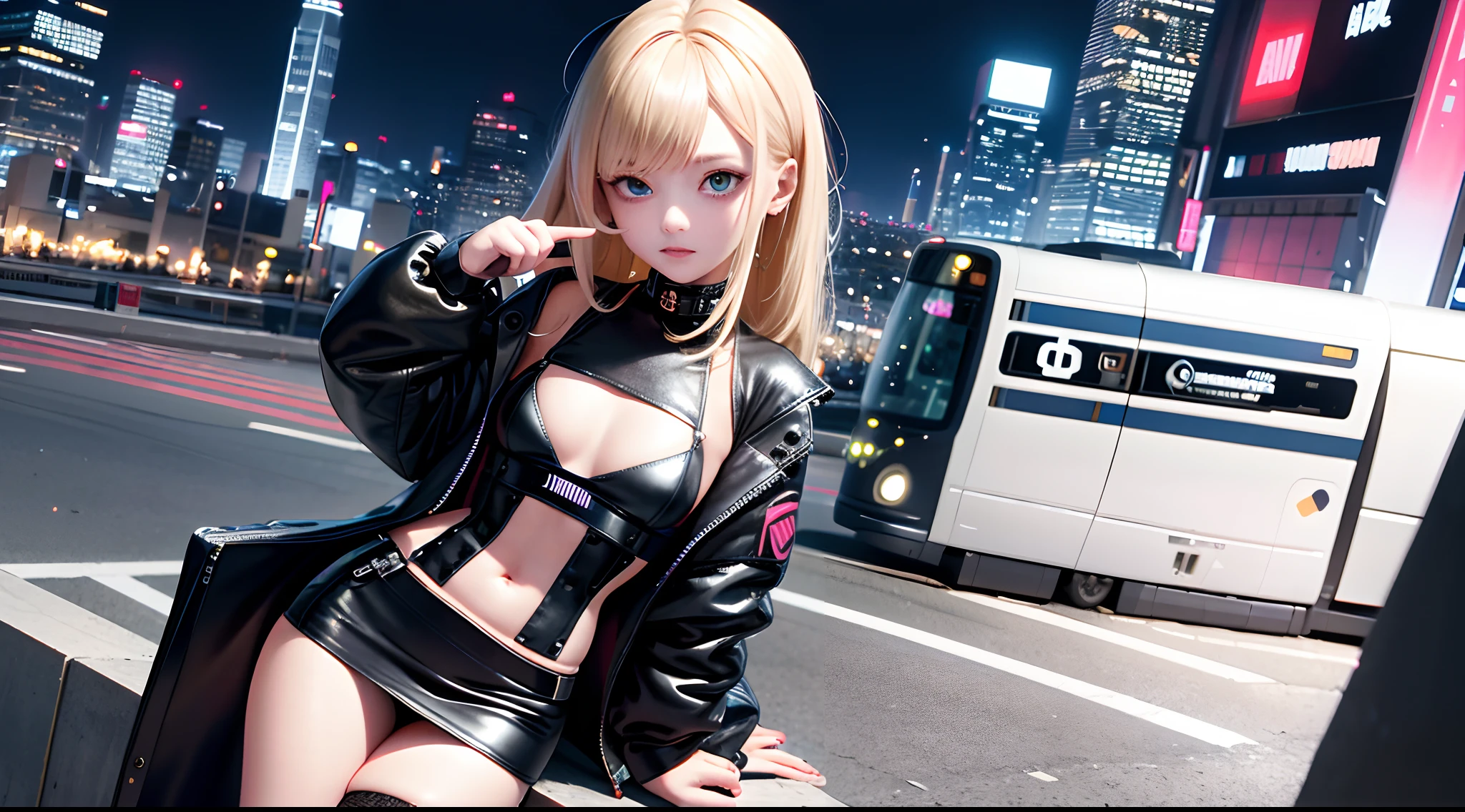 A giantess in the city sits on a building, cross-legged, a bus stop, warm lantern light, night time, a lot of people, a colored translucent T-shirt, high black shoes, high quality, detailed processing, bottom view, skirt-like view, tallest giantess, tall stature, small people, wet floor, wet feet, rain, rainy evening