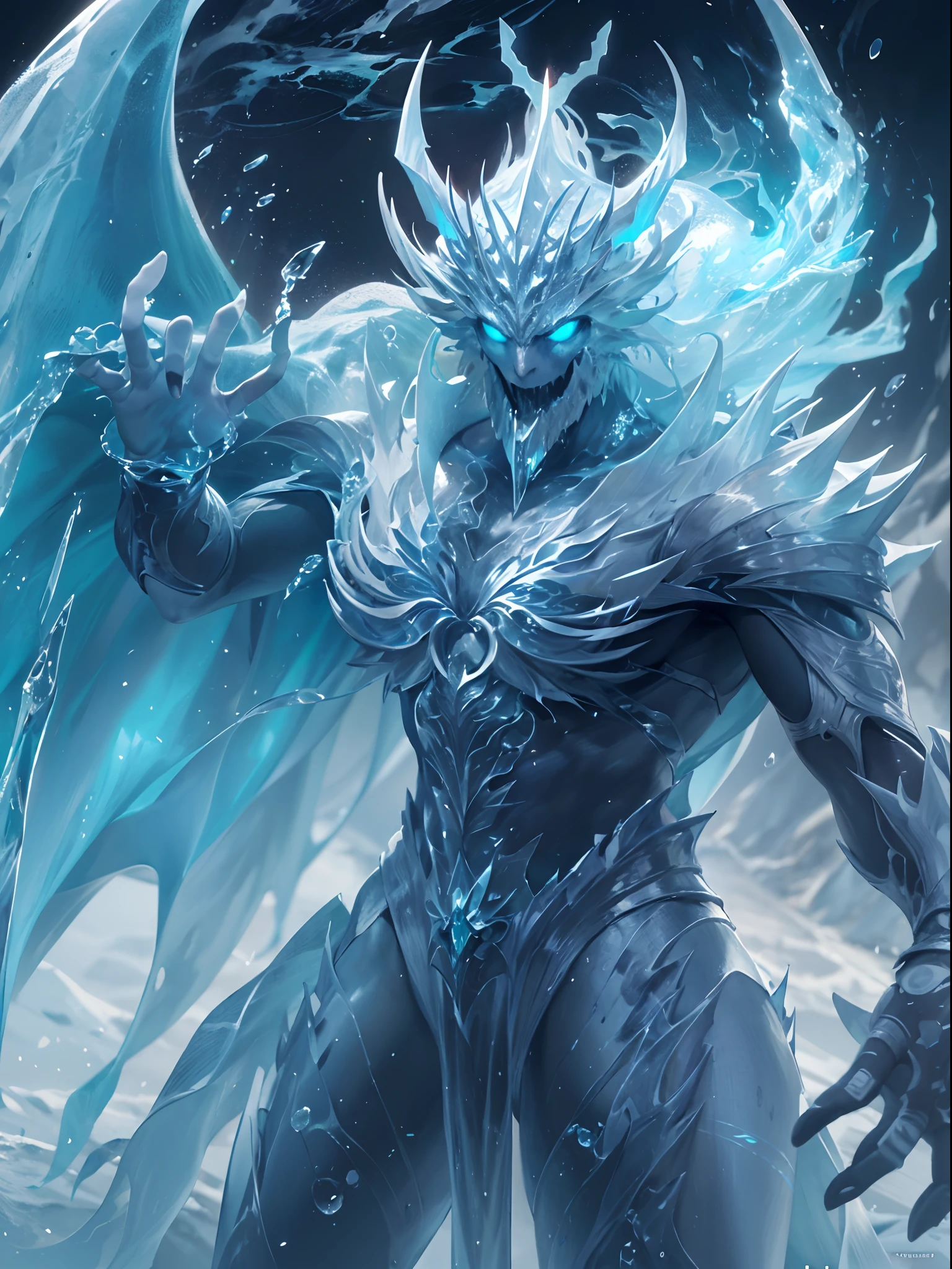((Best quality, 8K, Masterpiece: 1.4)),((Amazing detail: 1.3)),((illustration: 1.2)),((high resolution: 1.1)),Eldritch,ice element, Ice demon, Ice Devil, Glowing ice element,A body made of ice,astral,Viscous liquid,Colorful, vapor, Perfect hand,Murderous face,full bodyesbian,