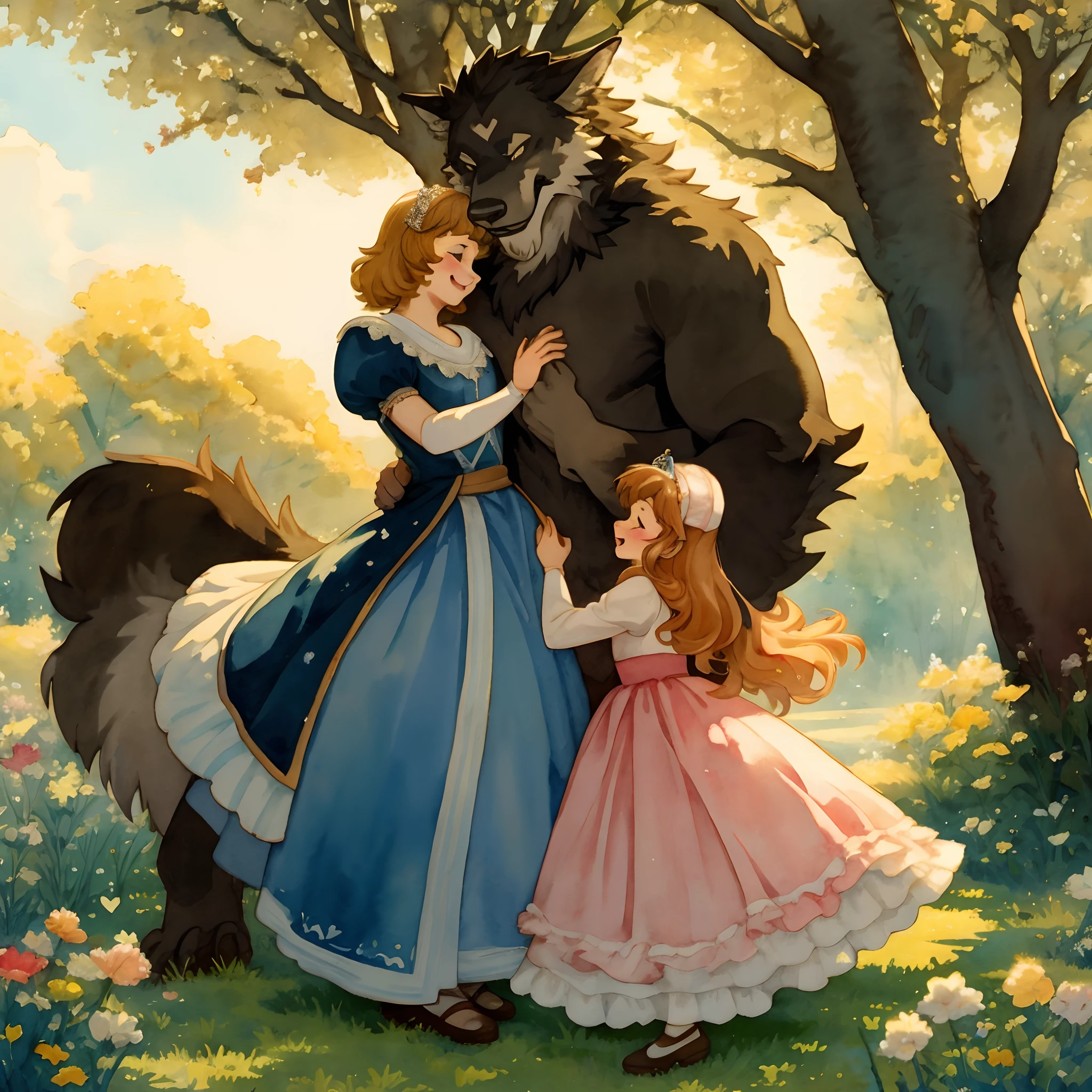 watercolor, soft color, Vintage images, highres, unparalleled masterpiece, absurdres, love story of human Child girl and giant Werewolf, love romance, The princess and the prince, family photograph, pair, Height difference, Physical difference, perfect anatomy, smile, joyful, play with, smile, happy, watercolor,