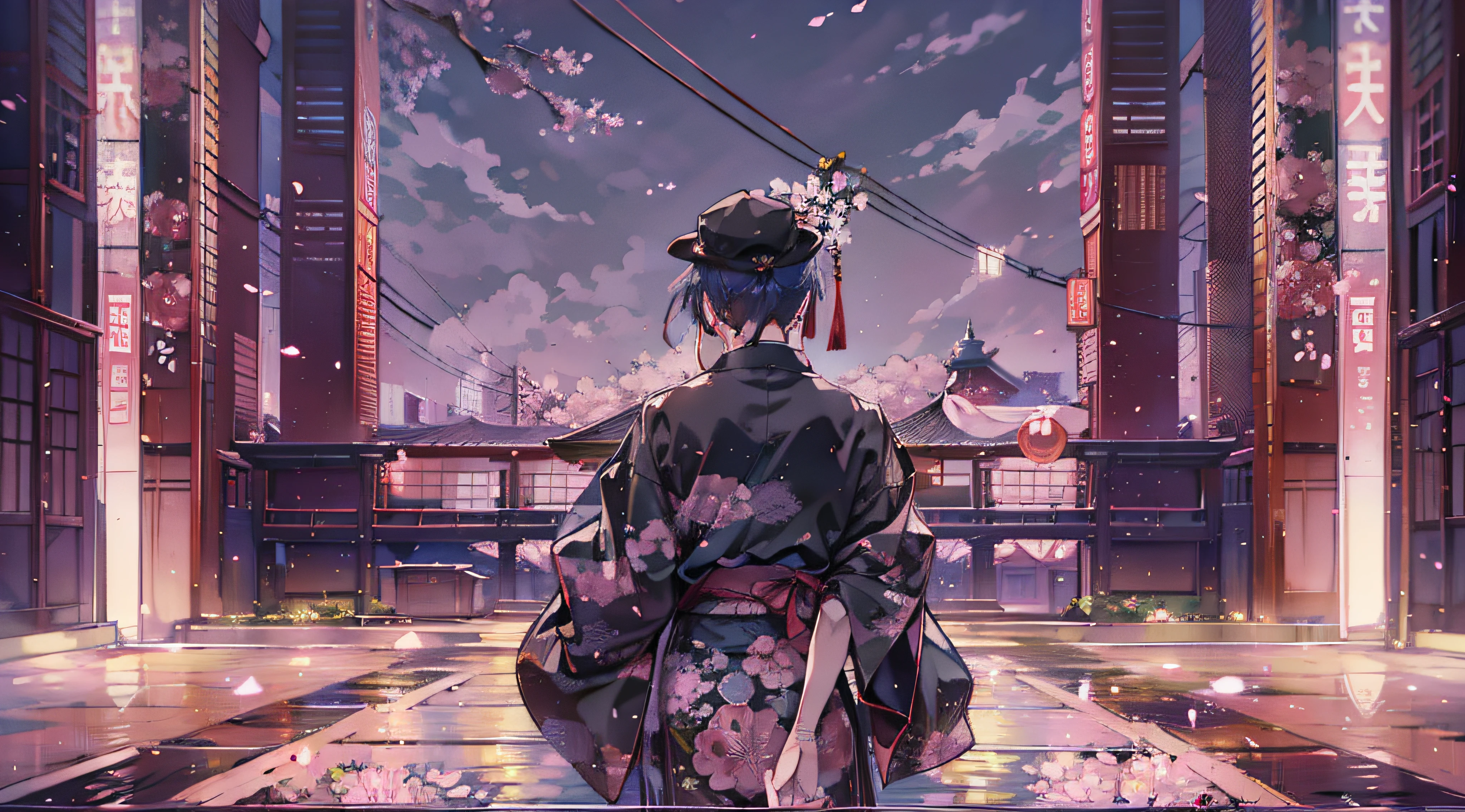 masterpiece、uth、Young man with nervous expression、Young man with a melancholy expression、Young man in withered black suit and hat、Poor figure、Landscape with rusty shades、Old Japan landscape、kyoto、Meiji、Taisho、Taisho romance、stone pavement、Cats、top-quality、hightquality、Highly detailed CG Unity 8K wallpapers、art stations、Digital Illustration、with an intricate、trending、awardwinning photo、depth of fields、nffsw、chromatic abberation、真实感、A highly detailed、trends in the art station、CGsociety Trends、with an intricate、high detal、Dramatic、 8K, 16 K, top-quality, photon maping, Radio City, Photorealsitic, Elaborate CG, Physically Based Rendering, ultra realistic realistic textures, unrealengine5, motion angles、cinematlic lighting, Dramatic Writing, Professional Writing,