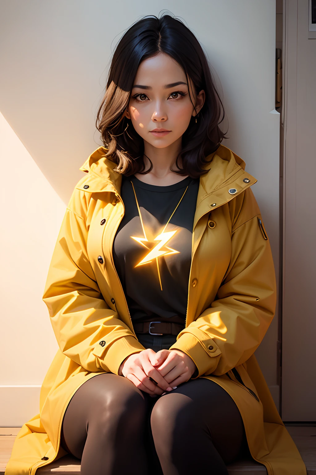 40-year-old woman sitting in a yellow shirt and law key Attraction channeling Secret energy coming out a lightning bolt ,in your handthe hidden symbols, key law attraction, ancient symbol behind it, All - Sibolo Law of Attraction I, all seeing symbol law of attraction coat the walls with gold , Law of Attraction, designed for a cozy and beautiful aesthetic !