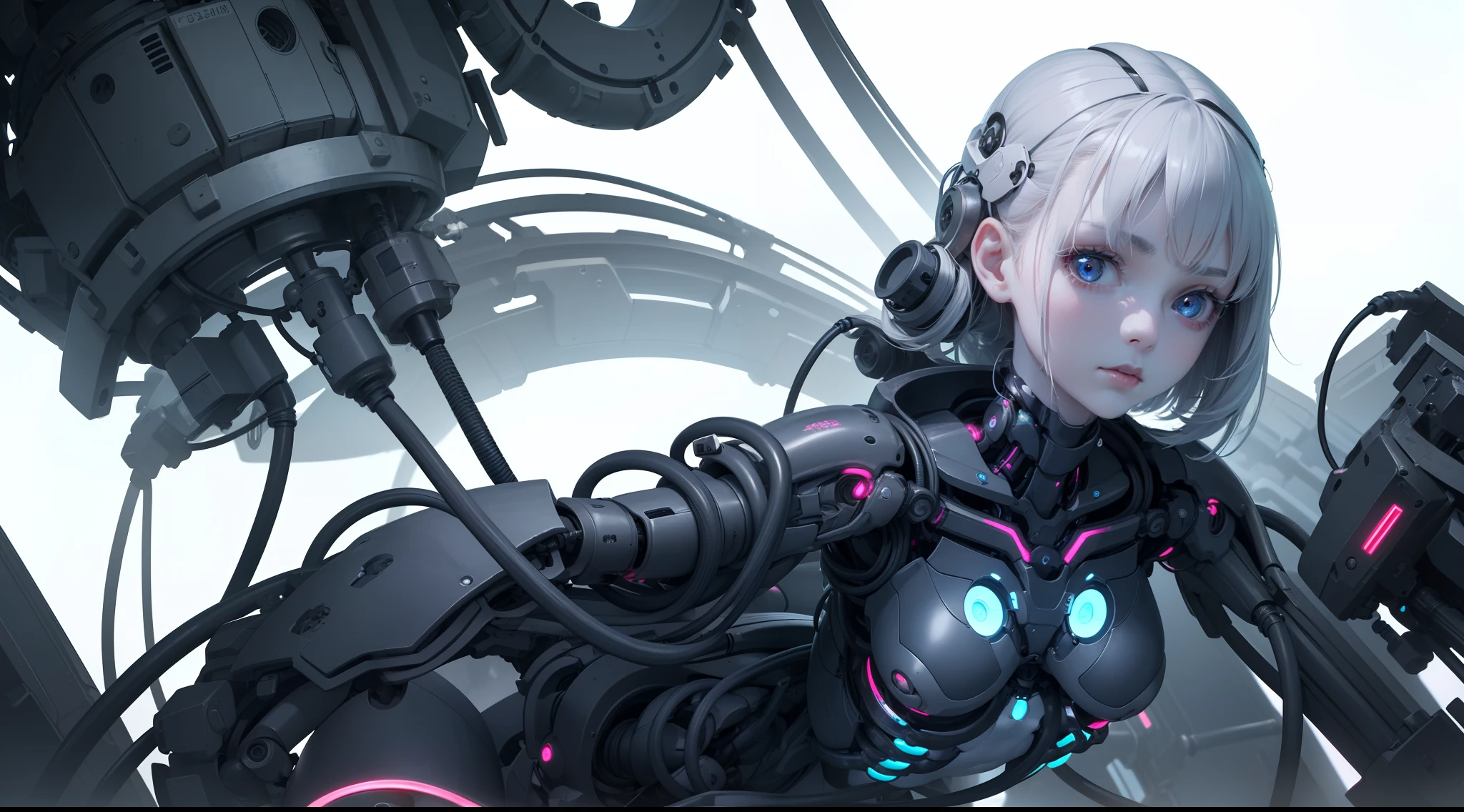 beautiful girl,Bio mechanical, (((head and upped body))), connected to machine, (((no body))), (((no lower body))), wires, cables, mechanical hands,(((no legs))), looking at viewer, pale, small glowing led, neon, extremely detailed, realistic face