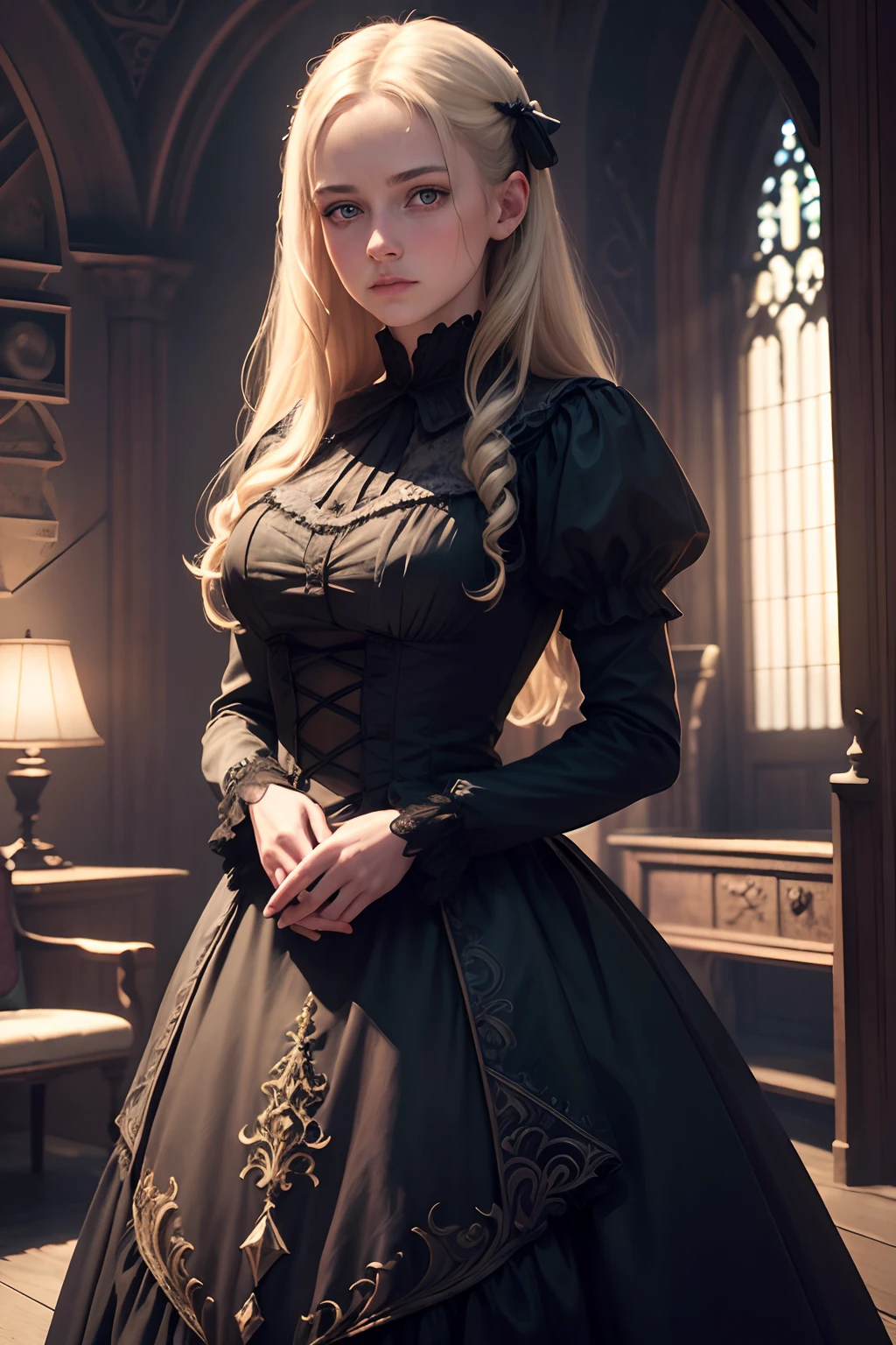(best quality,4k,8k,highres,masterpiece:1.2),ultra-detailed,(realistic,photorealistic,photo-realistic:1.37),Virginia Otis, 15 years old (blond hair, blue eyes),thin,cute face,beautiful detailed eyes,beautiful detailed lips,extremely detailed eyes and face,long eyelashes,Victorian dark fantasy,walks at night in Canterville Castle,aged 1887,in a garden,moonlit scenery,whispering trees,dark shadows,haunting atmosphere,mysterious,gloomy,gothic vibes,antique architecture,eerie mood,dusty rooms,vintage furniture,dramatic lighting,cobblestone paths,engraved wooden doors,crimson velvet curtains,ornate chandeliers,old oil paintings,creaking floorboards,moonlight streaming through stained glass windows,secret passages,flickering candlelight,silence only broken by faint whispers,impression of ghostly presence,feeling of being watched,spine-tingling sensation,hidden secrets of the castle,spiritual realm,paranormal activities,unsettling atmosphere,haunted story.