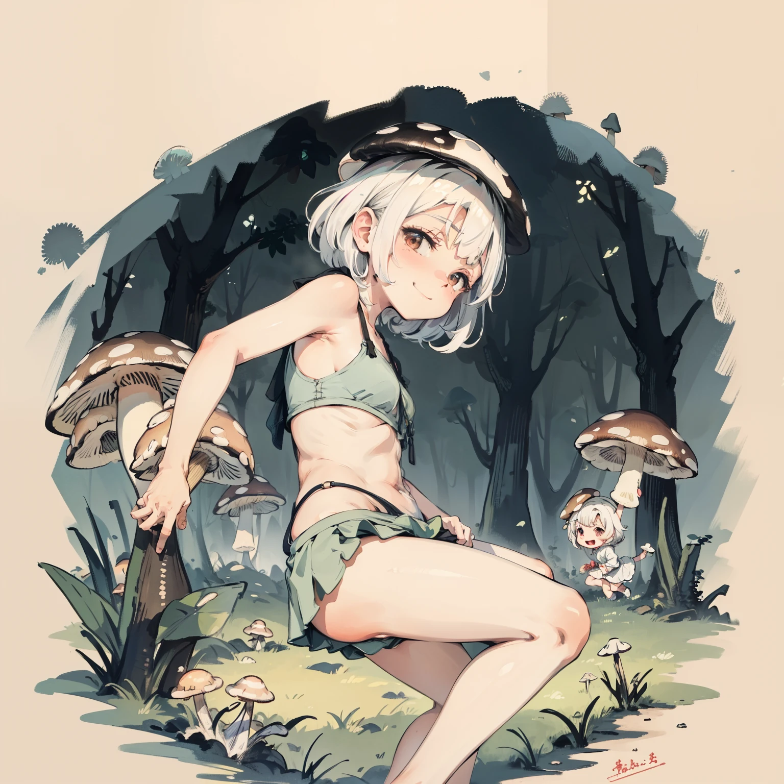 Simple drawing, Mushrooms and girls, tchibi, Cute, Big smile, Dark room, glowing mushrooms, Mushrooms + Mushrooms + Mushrooms + Mushrooms + Mushrooms, Mushrooms on the head, Mushrooms grow on the body,From the side Side,Dancing,Watercolor illustration, Perfect anatomy, Masterpiece, Best quality, 1girll, li,elSolo, (with short white hair:1.2),Nature, landscape