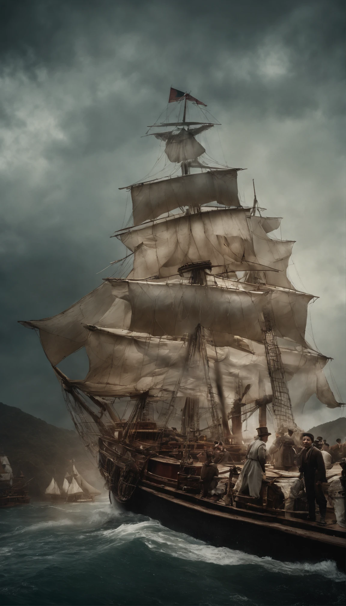 The expression of distress on a ship from the South Sea from China in the 19th century There are many people on a ship