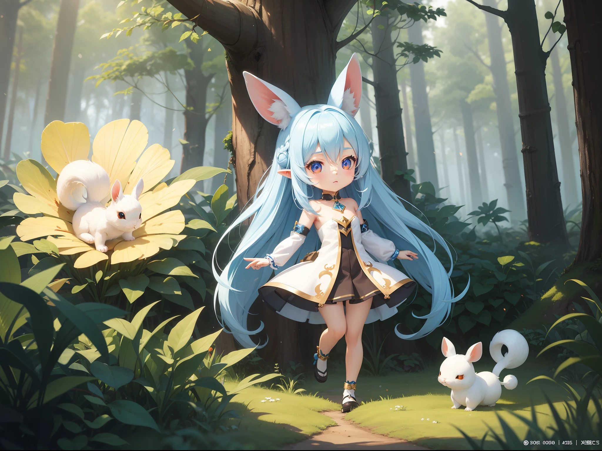 There are small white rabbits with carrots and long ears, White long ears、I'm with a girl with long blue hair and a chibi character。It is a cute white and blue costume。Dark eyes。cute forest creature, Cute mushrooms also grow、Adorable Digital Painting, cute detailed digital art, the squirrel king, Cute digital art, cute cartoon characters, cute character, CuteCreatures, Cutie, official illustrations, Official art, squirrel, maplestory mouse, astri lohne, cute 3d render