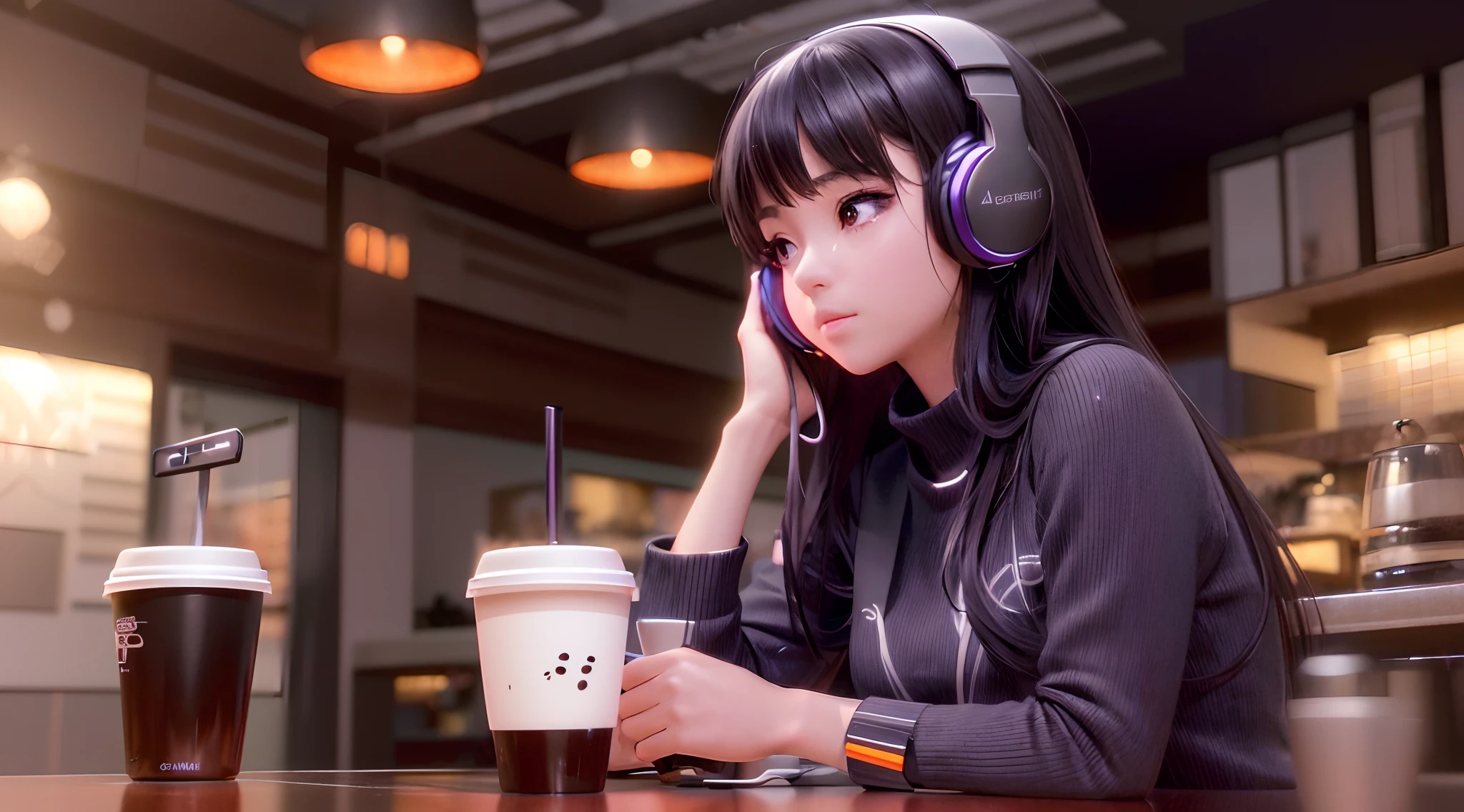 arafed woman wearing headphones and holding a cup of coffee, smooth anime cg art, realistic anime 3 d style, mysterious coffee shop girl, photorealistic anime girl render, realistic artstyle, artwork in the style of guweiz, anime style 4 k, anime style. 8k, anime styled 3d, photorealistic artstyle, realistic cute girl painting