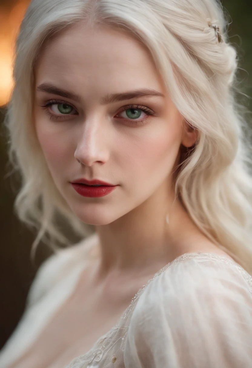 (((a deep reddish wound crosses her left cheek))) fair complexion, woman around 19 years old, natural white hair, distinctive green eyes, wearing kohl, slender and graceful, beautiful, candlelight in a medieval setting, ultra sharp focus, realistic shot, medieval female clothes, tetradic colors (scar:1.4)