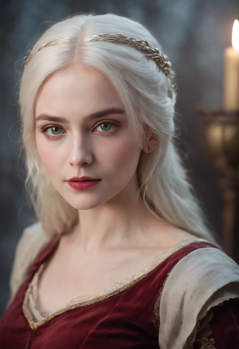 (((a deep reddish wound crosses her left cheek))) fair complexion, woman around 19 years old, natural white hair, distinctive green eyes, wearing kohl, slender and graceful, beautiful, candlelight in a medieval setting, ultra sharp focus, realistic shot, medieval female clothes, tetradic colors (scar:1.4)