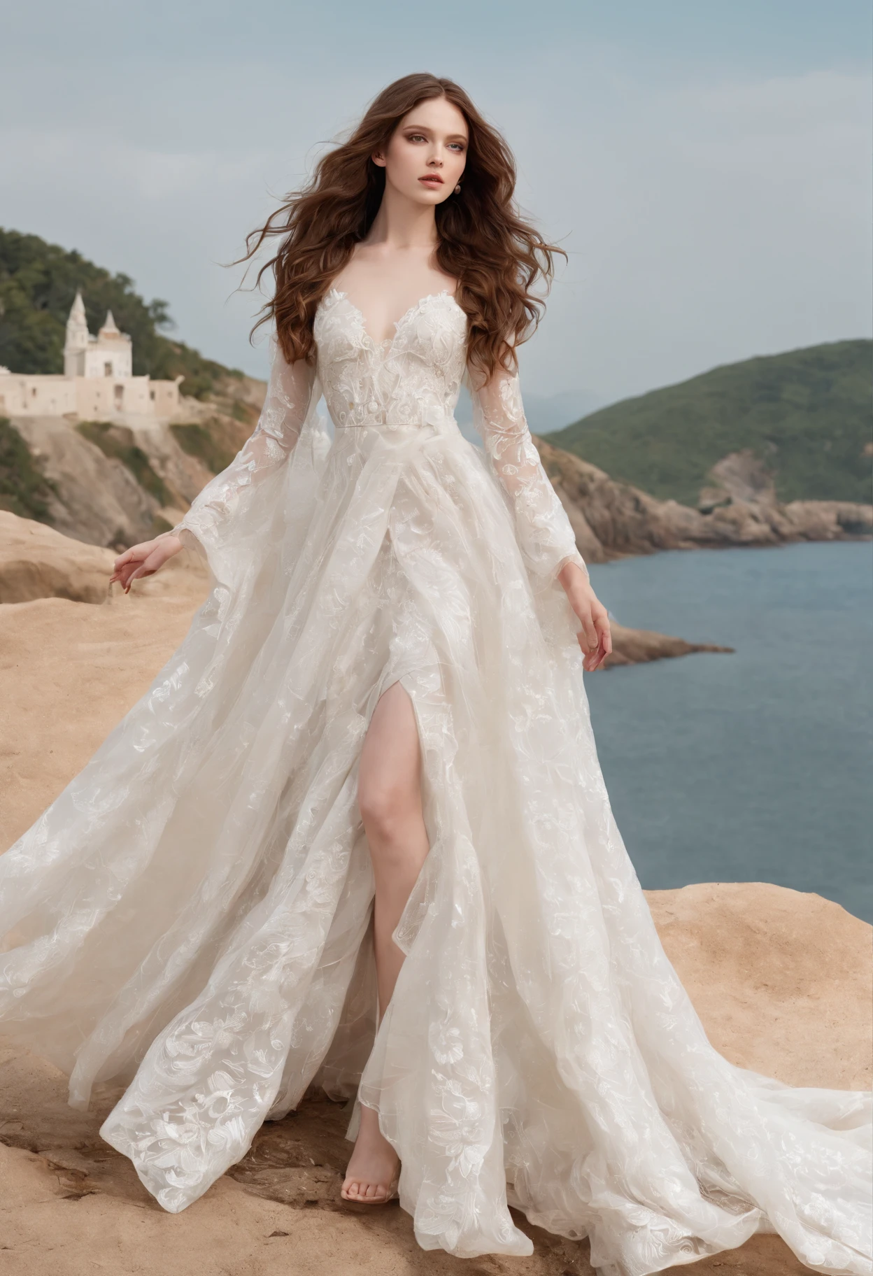 "An majestic, Ethereal goddess with voluminous brown hair, Americana、Decorated with flowing white wedding dresses, Soar gracefully above the enchanting crowds, Show off her modeling abilities on epic runways."