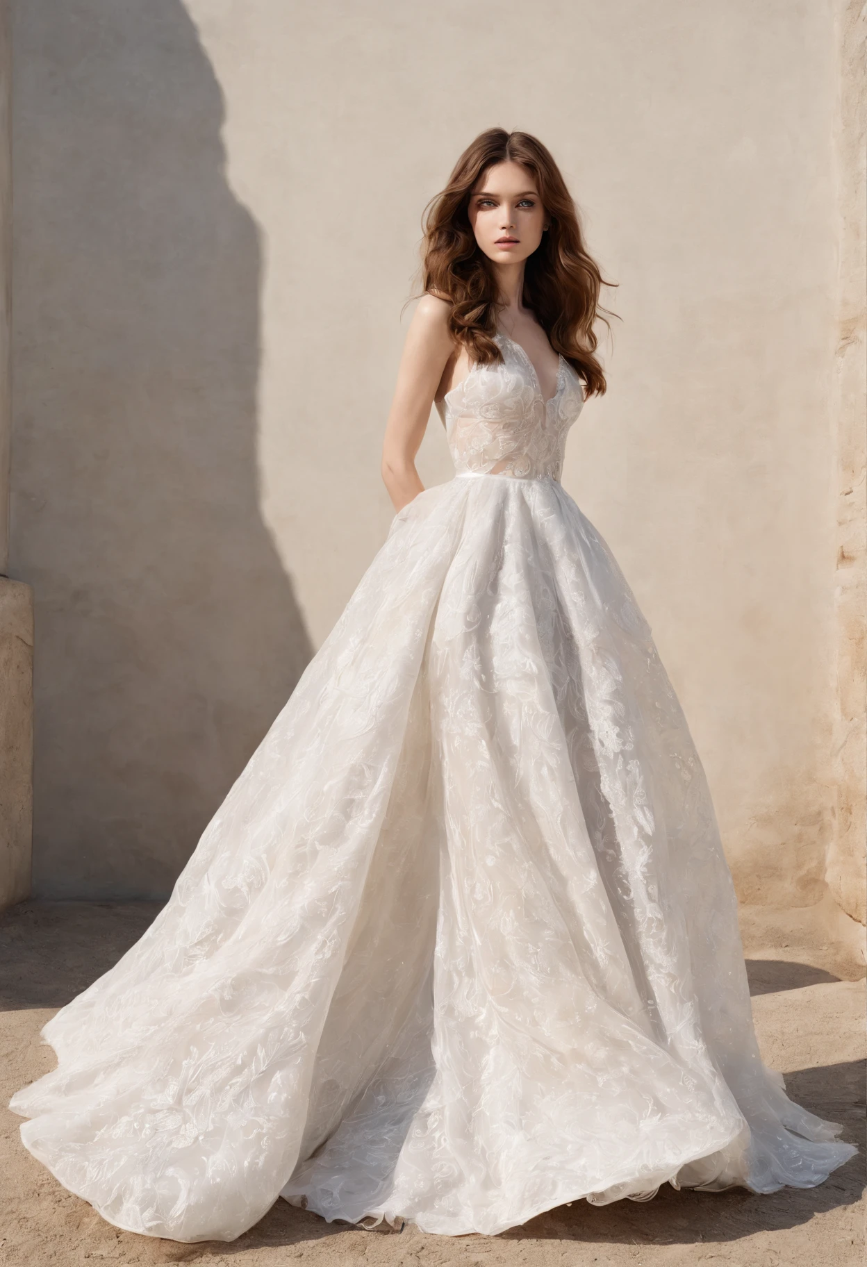 "An majestic, Ethereal goddess with voluminous brown hair, Americana、Decorated with flowing white wedding dresses, Soar gracefully above the enchanting crowds, Show off her modeling abilities on epic runways."