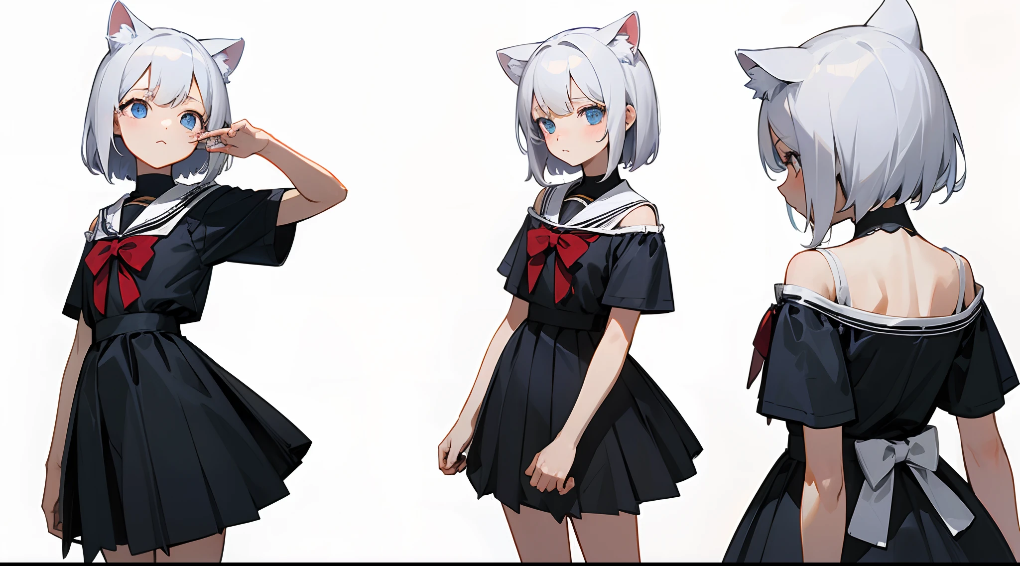 Masterpiece: 1.6, Best Quality: 1.4, Live Image: 1.2, intricate details: 1.2, Graphicsournerv2: 1.2, petite girl, white colored hair, delicate blue eye color, Short shoulder-length hair, cat ears, All-Black School Uniform with Red Bow, Schoolgirl girl, short sleeves, Innocent, small girl (Single background, whitebackground: 1.3), (multiple views, Multiple images of the same character in one outfit: 1.3