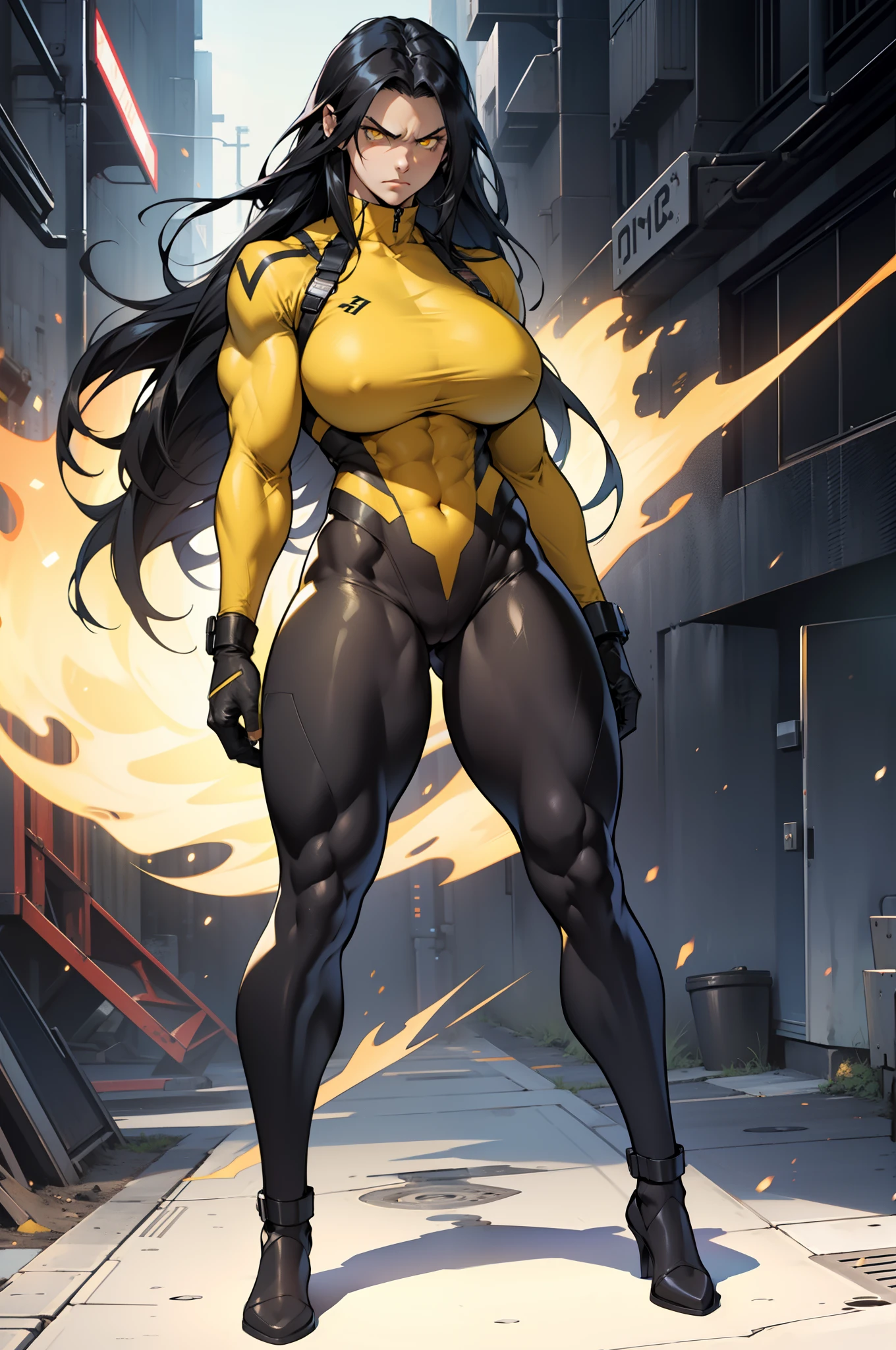solo, 1 girl, bodysuit, very long hair, black hair, angry, yellow eyes, ((((muscular)))), ((huge tits)), (thick thighs)), ((wide hips)), (full body), pale skin