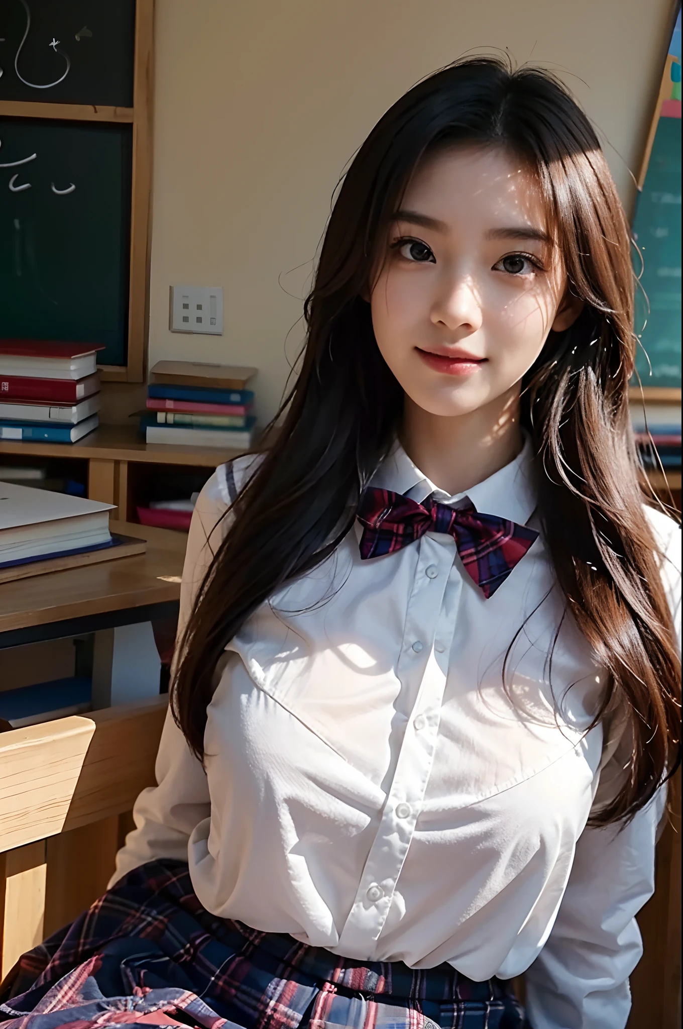 best qualtiy，tmasterpiece，超高分辨率，（真实感：1.4），RAW photogr，1girll，long whitr hair，Face Highlighting，Pure，Girly，Flushing，18yr old，18-year-old smiling female classmate，Pure，Innocent，（best qualtiy，8K，tmasterpiece:1.3），Goose egg face，largeeyes，long eyelasher，Exquisite（live-action realistic style），Star-like eyes，Ultimate face，Photorealistic light and shadow，Clear facial features，Milky white skin，Fair skin， highdetailskin， Realistic skin details， Visible Pore，（Super detail），（perfect bodies：1.1），long whitr hair，（dynamicposes），((Dynamic background((volumettic light：1.3))，‎Classroom，Plaid skirts，red bowtie，huge tit，White color blouse，There were books piled on the desk