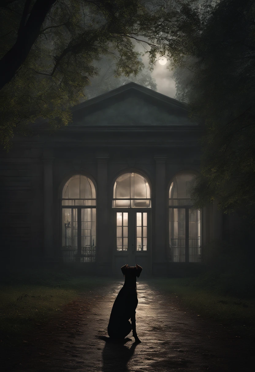 A digital image of a dark and eerie scene using V-Ray. A young woman + a Doberman dog standing in a park alley in front of an old psychiatric hospital building.
Scene Characteristics: fearful and disturbing atmosphere, with twisted and intertwined plants, ominous clouds or fog, and eerie lighting. Set features: deserted park with an old ominous building that enhance the eerie atmosphere. Creation details: high quality camera, artificial lighting to enhance the gloomy and eerie atmosphere.
References: artists and designers specializing in creating digital art of dark and eerie natural scenes, such as Grzegorz Wronkowski,