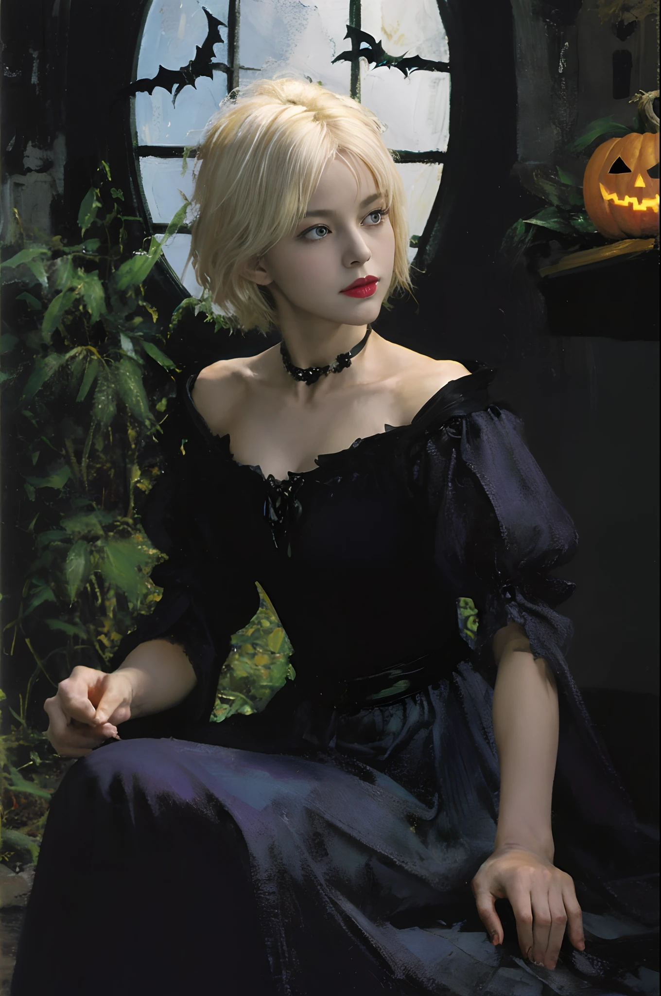 Top image quality、masterpiece、Impasto、Thick oil painting、Vivid coloring、Halloween、Aerial perspective、thirds rule、Norse man1People Beautiful Girl、slightly smaller eyes、Pretty small face、Light makeup、Platinum blonde short hair、middlebreasts、tall、sitting on、Full body like、witch's hat、cloaks、Black Gloves、long-sleeve、gothic dress、Bright pumpkin lantern、the bats、Toy spider、An old mansion on the outskirts of town、fullmoon
