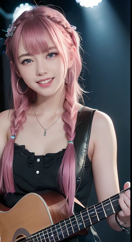 (ultra-detailliert), high-school uniform、Blue eyes,The upper part of the body、a closeup、faces、(A smile:1.5),(facing front:1.2),(masutepiece:1.3, Best Quality, Photorealistic, Ultra-detailed, Finely detailed, High resolution, 8K Wallpaper), 1 beautiful girl, Band Group Vocals, Singing a song on an electric guitar, Stand Microphone, Mouth open, Beautiful face, Detailed face, Beautiful eyes, Detailed eyes, Looks fun、Smiling, earrings, Necklace, Detailed guitar, (Straight guitar neck and 6 strings), Only 1 person,Pink Hair Medium Hair, (Pink hair), Ear Hair, small tits, Single braid, (Single braid), (Side braid),on a stage, Spotlight, Look at the viewer、small tits