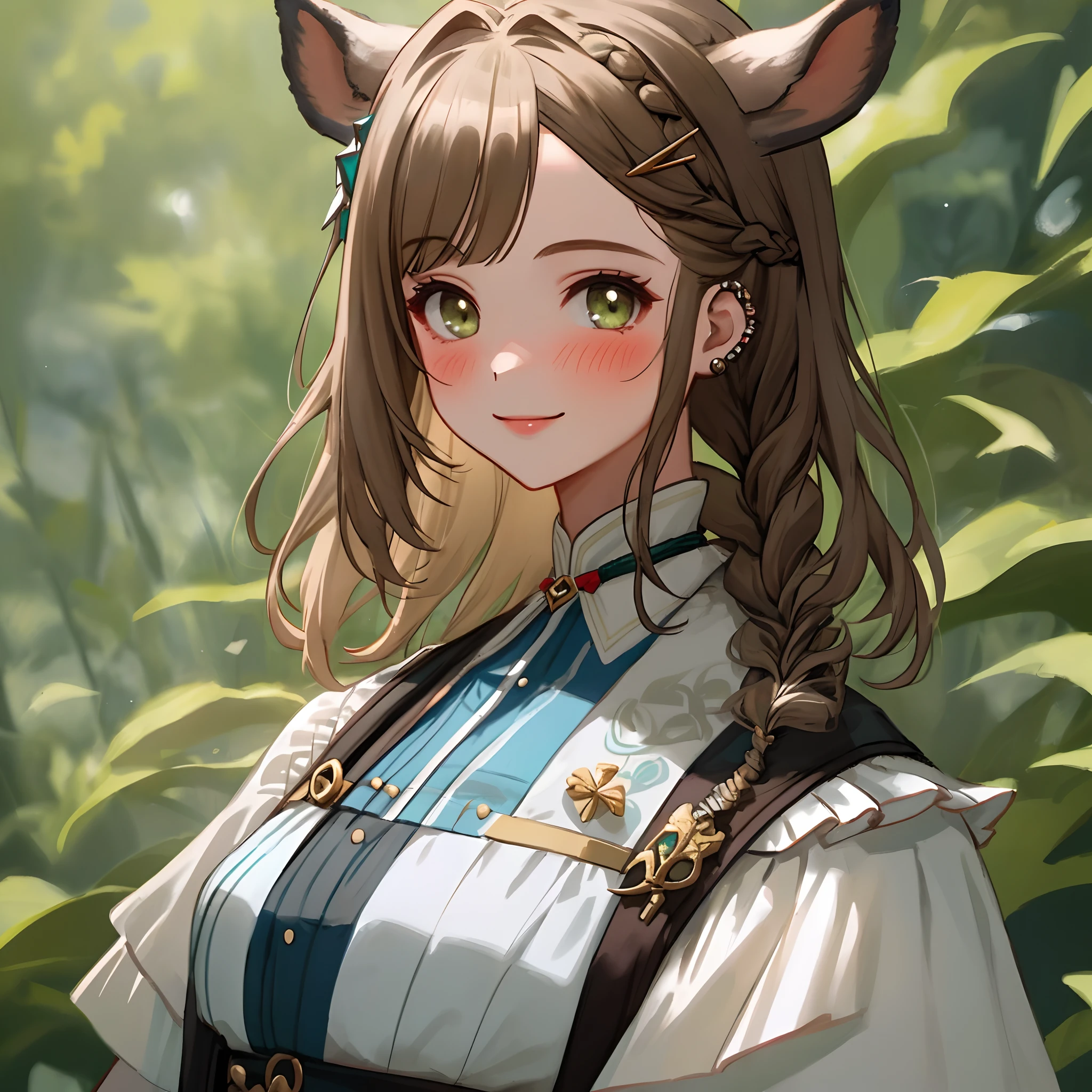 Best quality,Masterpiece, 1 girl, Solo, model shoot, Amazing, Alina, (((wears))), Artemisia, deer ear, Look at the user, Smile, Blush, Hairpin,(( Braid)), Hair ornaments, ((hair pin)),