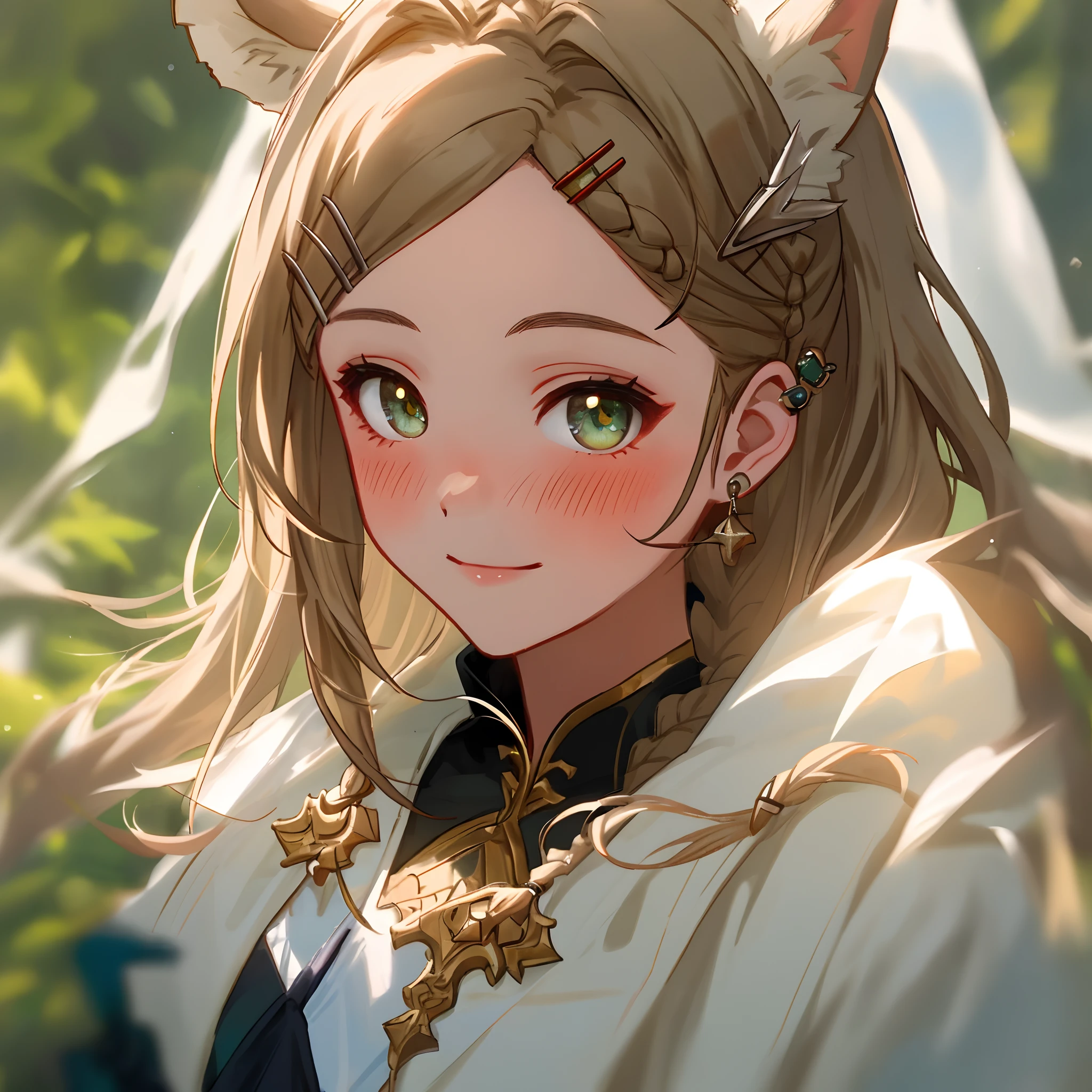 Best quality,Masterpiece, 1 girl, Solo, model shoot, Amazing, Alina, (((wears))), Artemisia, deer ear, Look at the user, Smile, Blush, Hairpin,(( Braid)), Hair ornaments, ((hair pin)),