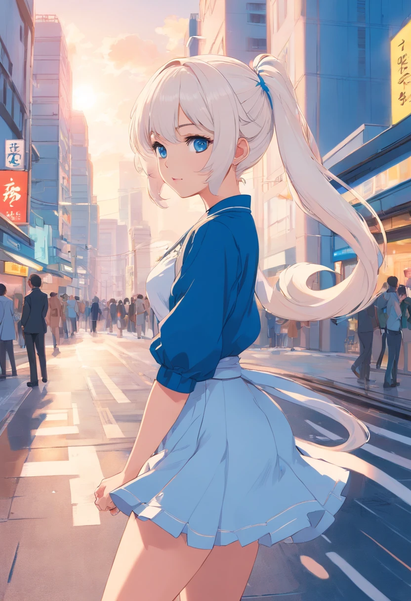 white color hair,double ponytail curls,blue color eyes,White Lolita,Beth,busy cityscape