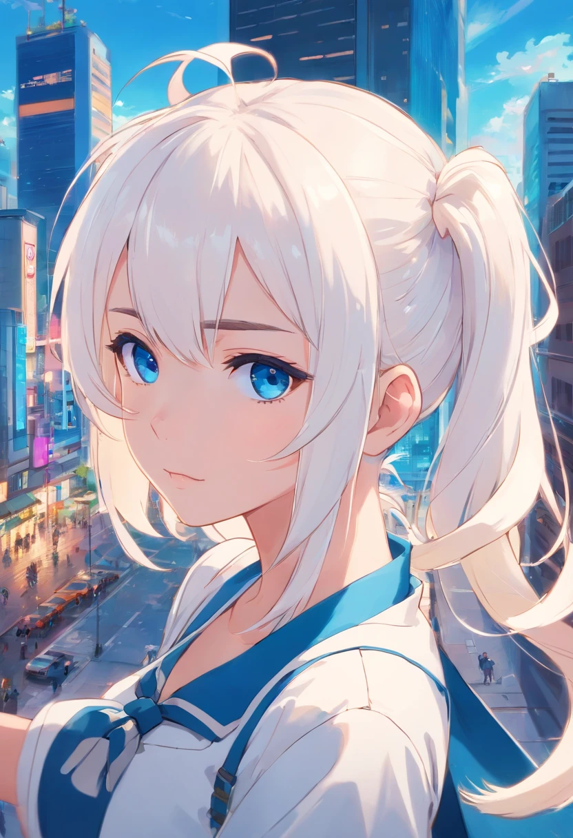 white color hair,double ponytail curls,blue color eyes,White Lolita,Beth,busy cityscape