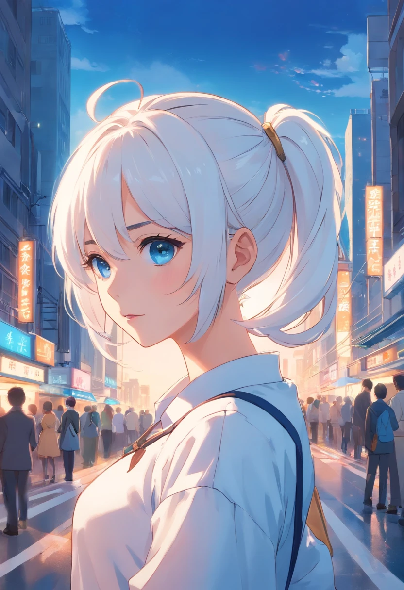 white color hair,double ponytail curls,blue color eyes,White ta,Beth,busy cityscape