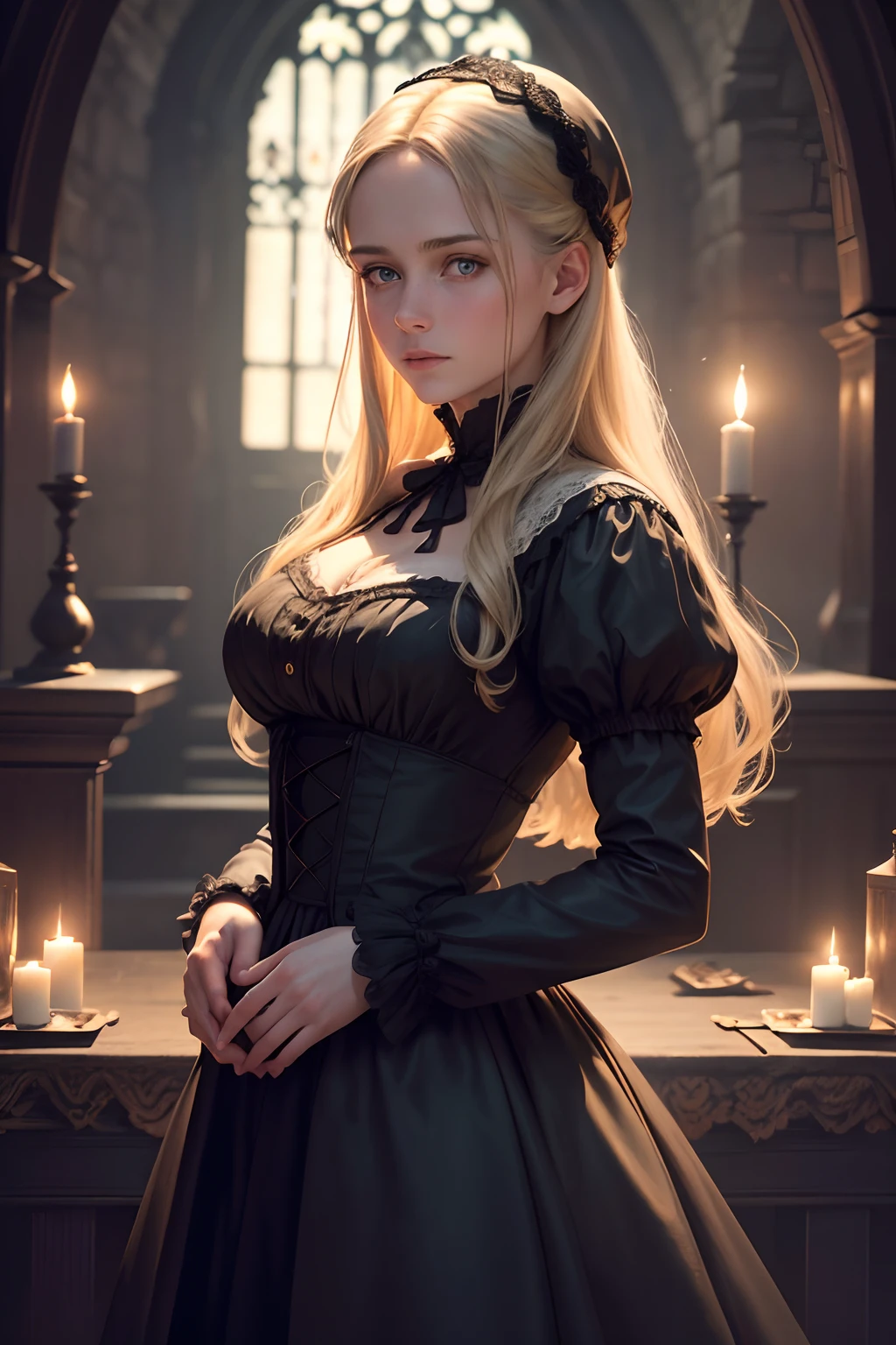 (best quality,4k,8k,highres,masterpiece:1.2),ultra-detailed,(realistic,photorealistic,photo-realistic:1.37),Virginia Otis, 15 years old (blond hair, blue eyes),thin,cute face,beautiful detailed eyes,beautiful detailed lips,extremely detailed eyes and face,long eyelashes,Victorian dark fantasy,walks at night in Canterville Castle,aged 1887,in a garden,moonlit scenery,whispering trees,dark shadows,haunting atmosphere,mysterious,gloomy,gothic vibes,antique architecture,eerie mood,dusty rooms,vintage furniture,dramatic lighting,cobblestone paths,engraved wooden doors,crimson velvet curtains,ornate chandeliers,old oil paintings,creaking floorboards,moonlight streaming through stained glass windows,secret passages,flickering candlelight,silence only broken by faint whispers,impression of ghostly presence,feeling of being watched,spine-tingling sensation,hidden secrets of the castle,spiritual realm,paranormal activities,unsettling atmosphere,haunted story.
