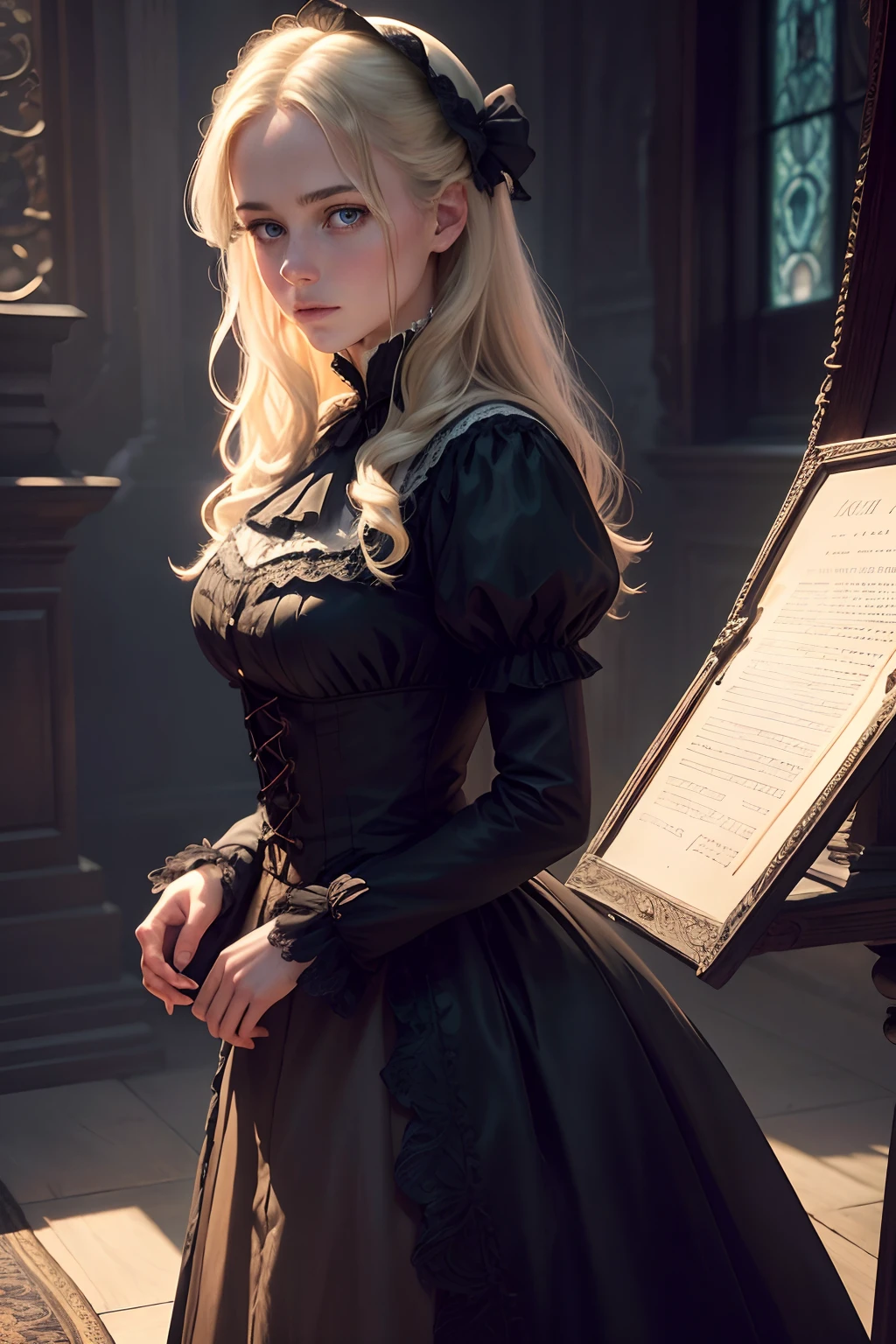 (best quality,4k,8k,highres,masterpiece:1.2),ultra-detailed,(realistic,photorealistic,photo-realistic:1.37),Virginia Otis, 15 years old (blond hair, blue eyes),thin,cute face,beautiful detailed eyes,beautiful detailed lips,extremely detailed eyes and face,long eyelashes,Victorian dark fantasy,walks at night in Canterville Castle,aged 1887,in a garden,moonlit scenery,whispering trees,dark shadows,haunting atmosphere,mysterious,gloomy,gothic vibes,antique architecture,eerie mood,dusty rooms,vintage furniture,dramatic lighting,cobblestone paths,engraved wooden doors,crimson velvet curtains,ornate chandeliers,old oil paintings,creaking floorboards,moonlight streaming through stained glass windows,secret passages,flickering candlelight,silence only broken by faint whispers,impression of ghostly presence,feeling of being watched,spine-tingling sensation,hidden secrets of the castle,spiritual realm,paranormal activities,unsettling atmosphere,haunted story.